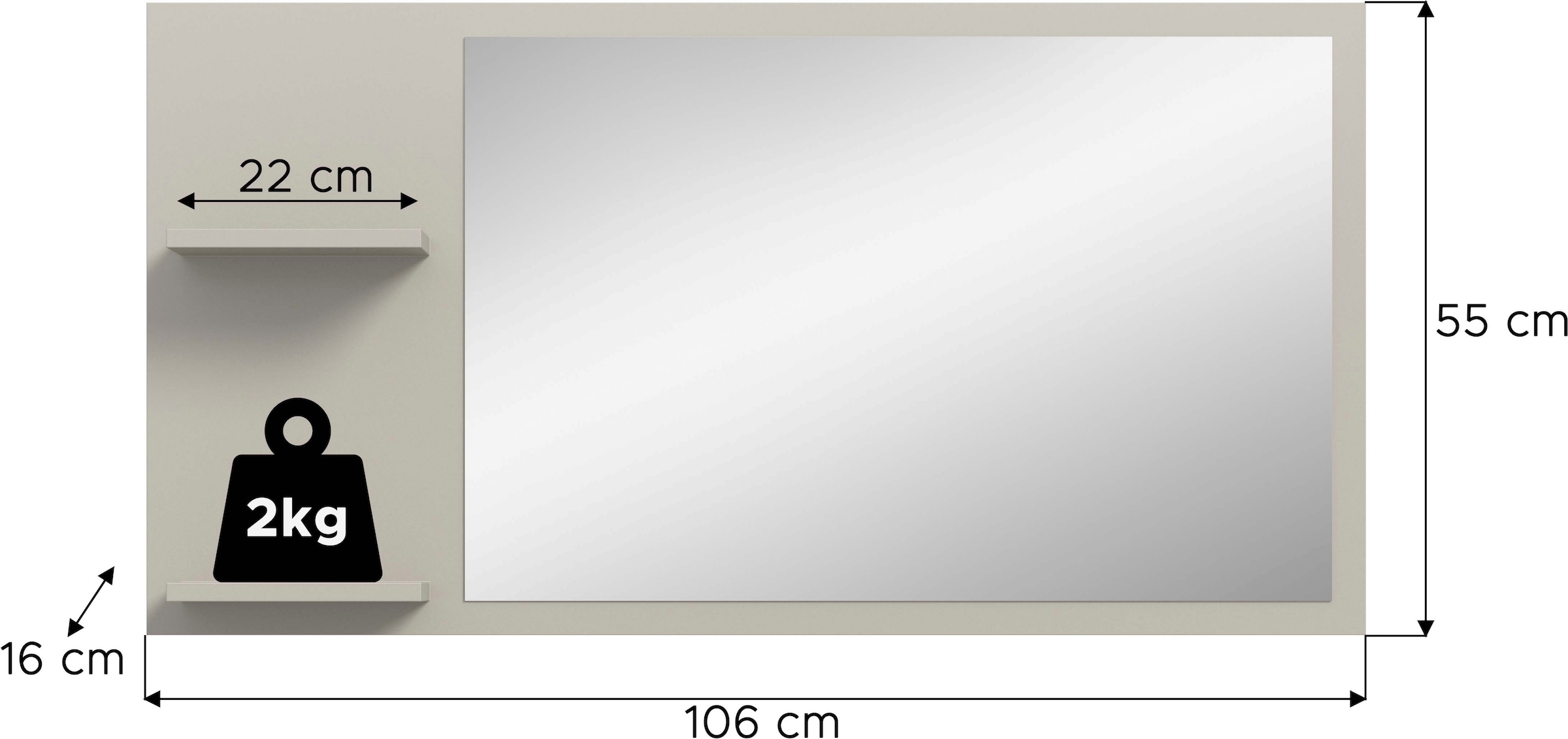 INOSIGN Spiegel »TATIO, 106x55x16 cm, 2 Ablageböden, große Spiegelfläche«