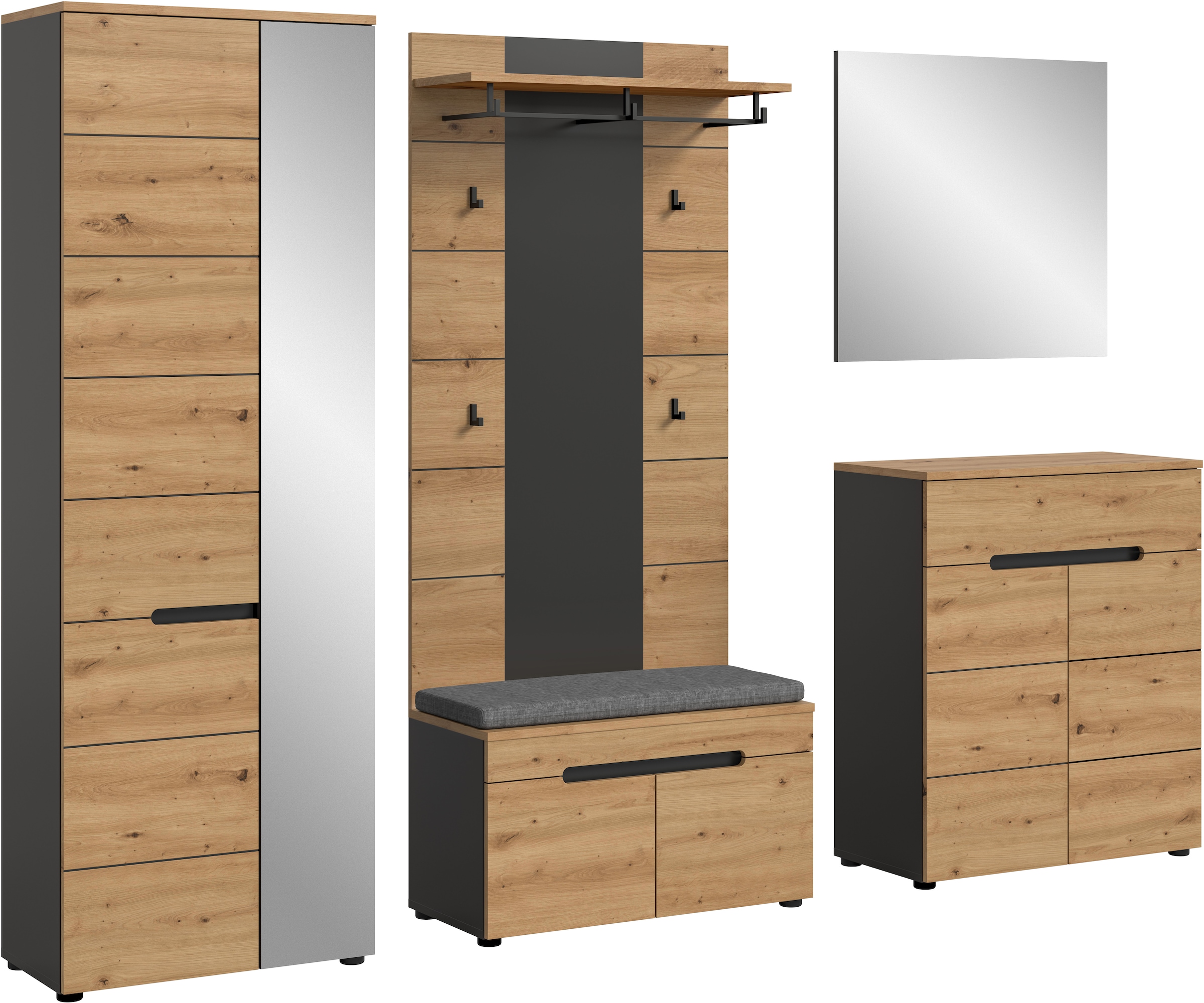 Home affaire Garderoben-Set »REHAT, TOPSELLER!, 5-teilig, Breite 255 cm, individuell erweiterbar« Set, bestehend aus: Schrank, Sitzbank, Sitzkissen, Paneel, Spiegel, Kommode, 6 Stk. tlg.