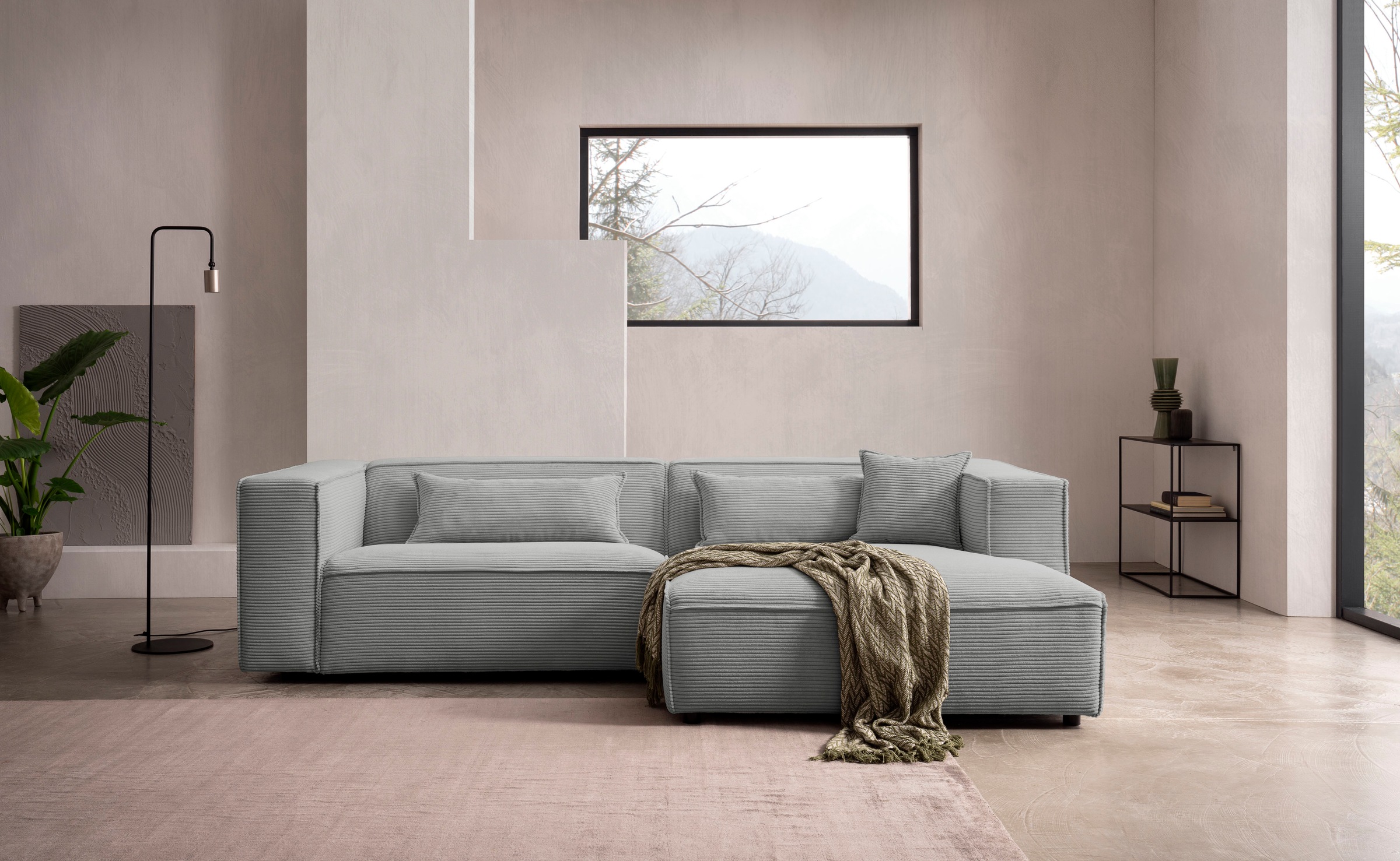 LeGer Home by Lena Gercke Ecksofa »PIARA mit Kedernaht in Cord oder Leinenoptik, moderne Couch in L-Form«, wahlweise Ottomane rechts/links, schwarze Füße, bequemer Sitzkomfort