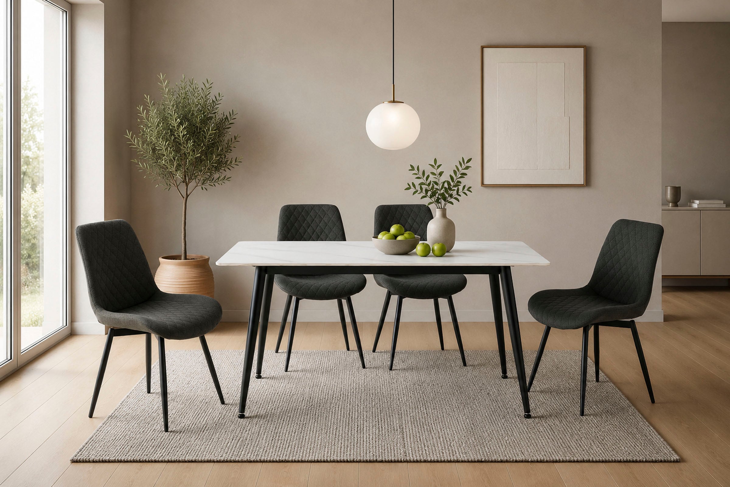 OTTO home Essgruppe »Juniper, Set, 5-tlg.« Set, 5 tlg. Tisch 140x80cm in Sinterstein-Keramikoptik mit 4 Stühlen, 360° drehbar