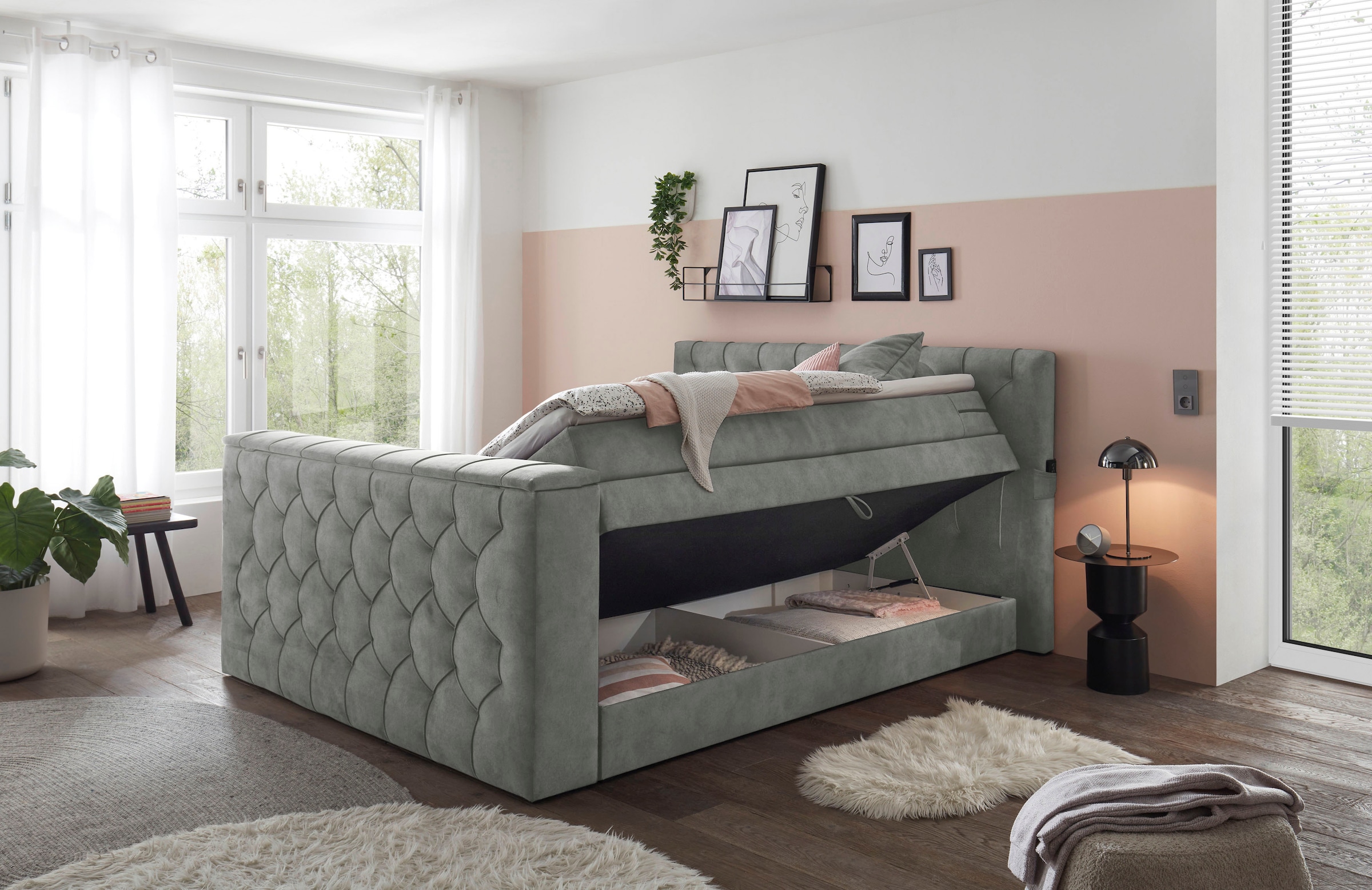 ED EXCITING DESIGN Boxspringbett »Springdale«, mit Bettkasten, motorisierter TV-Halterung, Duo-Matratze (H3/H4)