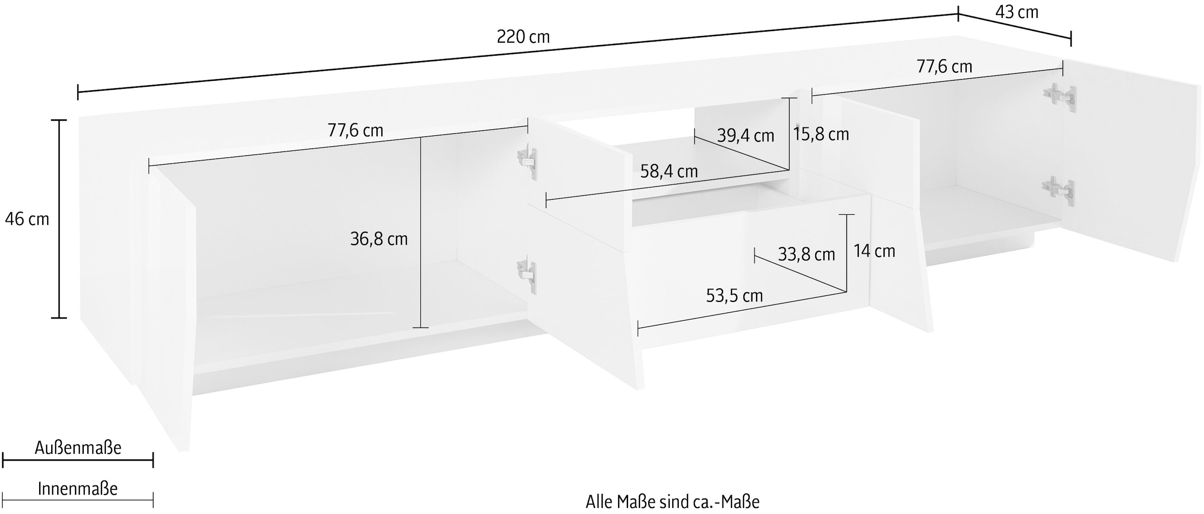 INOSIGN Lowboard »ALIEN- TV-Board, mit 4 Türen, 1 Schublade und 1 offenes Fach«, TV-Kommode Breite ca. 220 cm "Made in Italy"