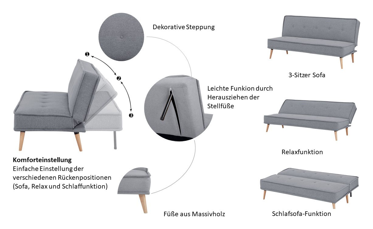INOSIGN Schlafsofa »ARBON,183cm, klappbarer 3-Sitzer mit verstellbarer Rückenlehne und«, Bettfunktion, Webstoff und Kunstleder