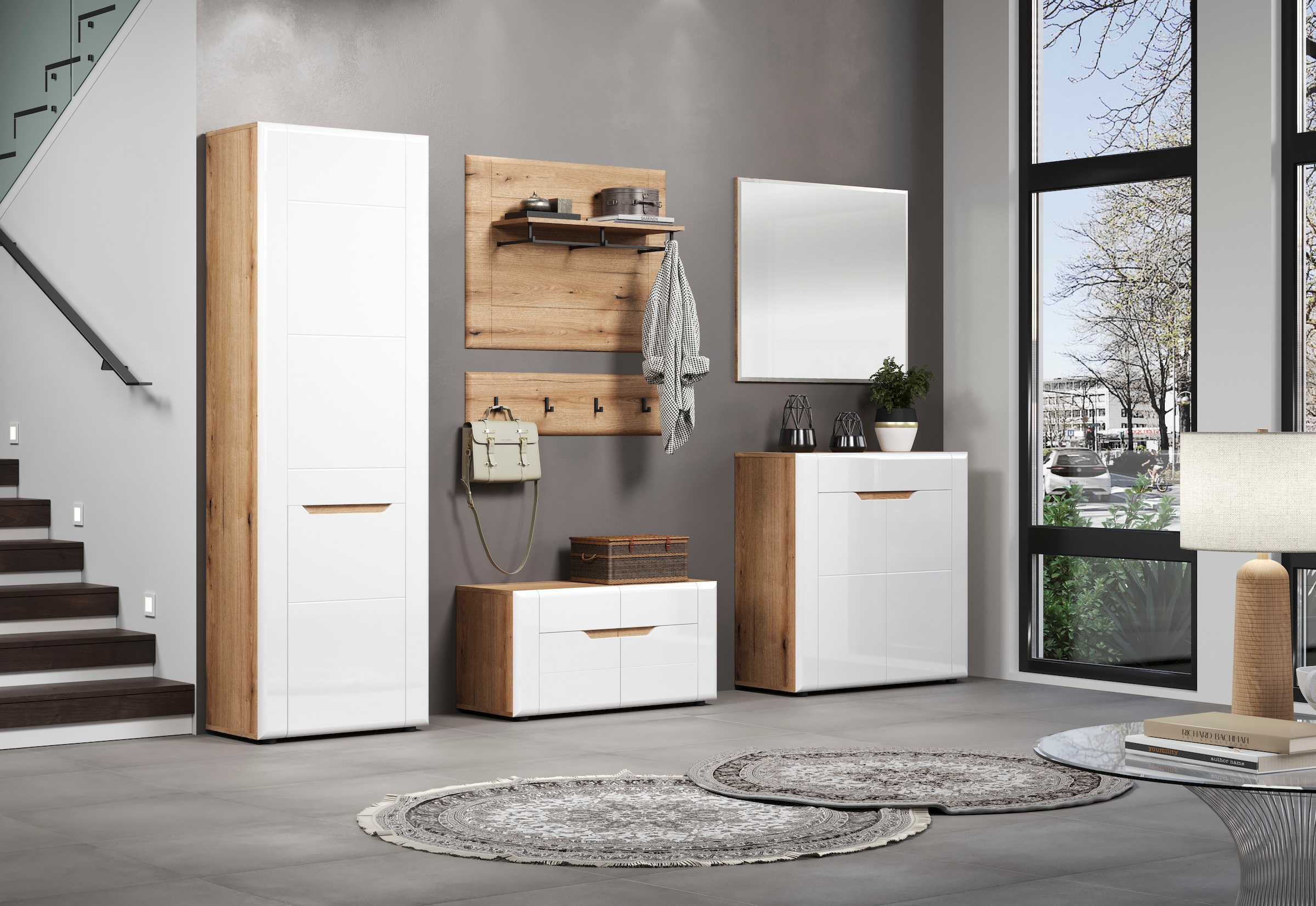 INOSIGN Sitzbank »Graz«, (Packung, 1 St.), Maße (B/H/T in cm): (91/47/38) - Farbe Weiß Hochglanz und Eiche