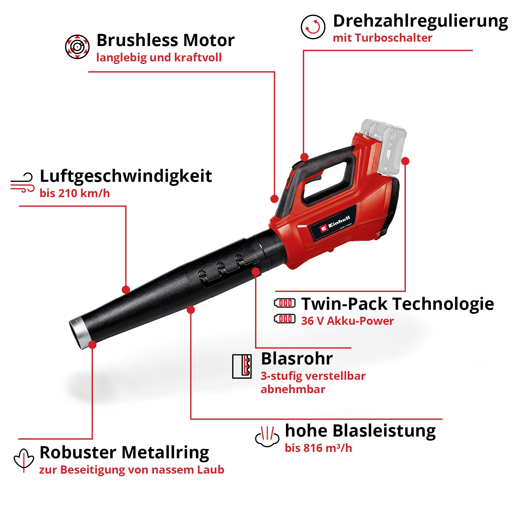 Einhell Akku-Laubbläser »GP-LB 36/210 Li E-Solo«, (2 St.)