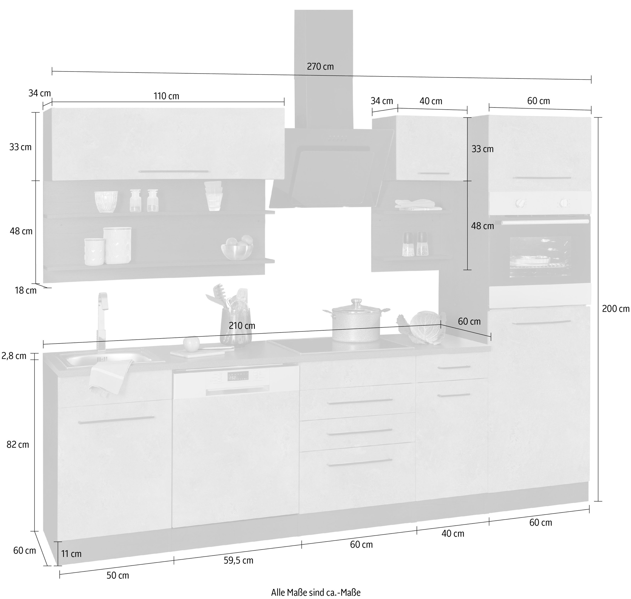 HELD MÖBEL Küchenzeile »Tulsa«, mit E-Geräten, Breite 270 cm, schwarze  Metallgriffe, MDF Fronten auf Rechnung bestellen