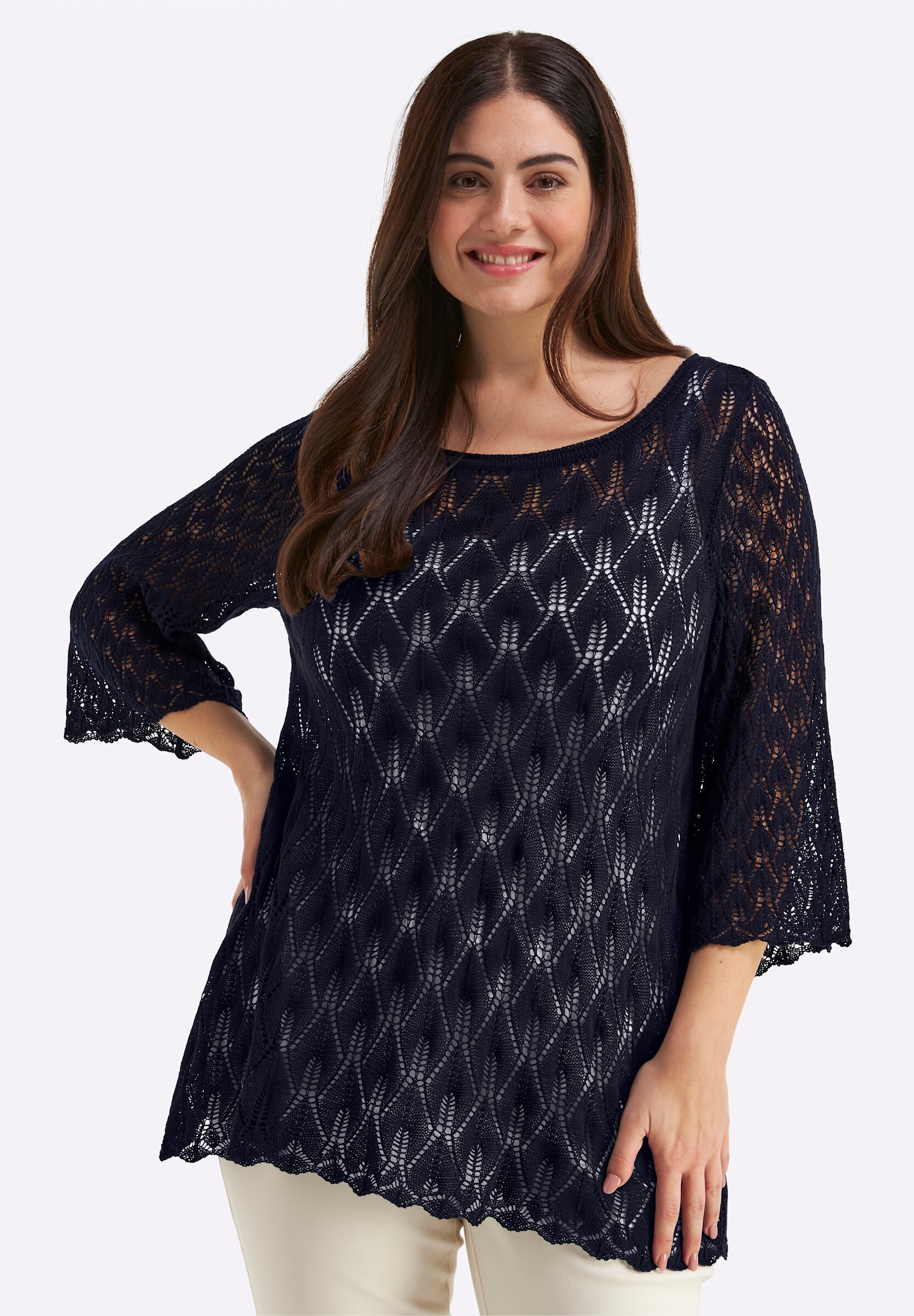 Sheego Longpullover »3/4-Arm-Pullover Ajourpullover mit 3/4-Trompetenärmeln«