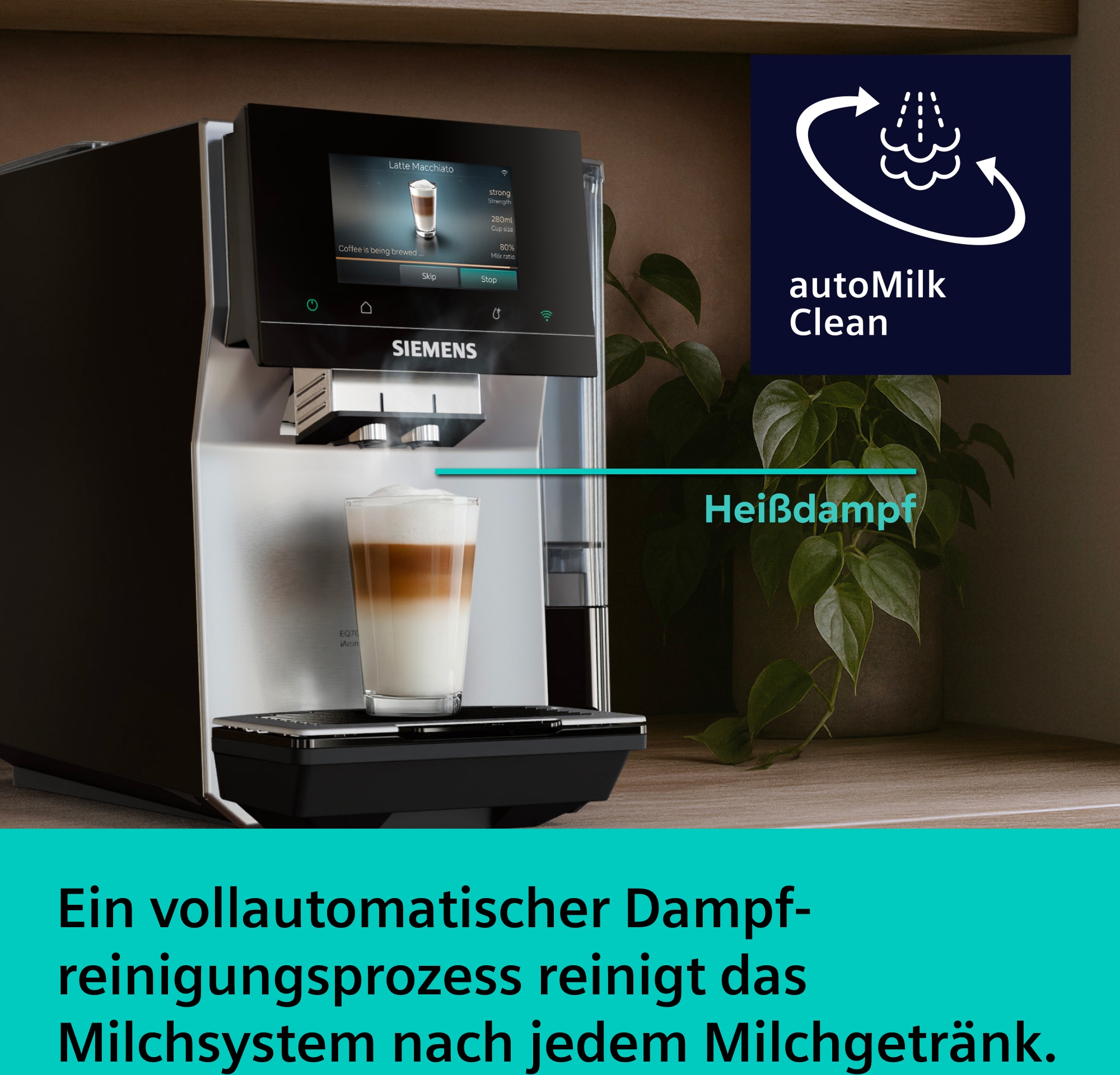 SIEMENS Kaffeevollautomat »EQ700 TP725ET7, inkl. Thermo-Kaffeebecher, XL-Getränke, 20 Favoriten« farbiges Full-Touch-Display, Doppeltassenfunktion, sehr leise, silber