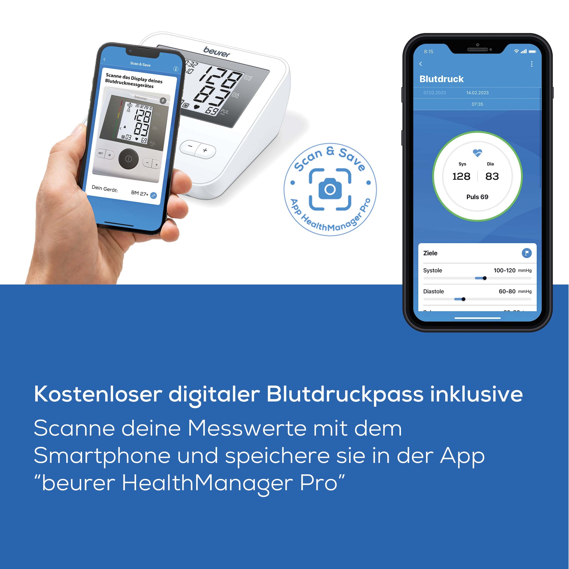 BEURER Oberarm-Blutdruckmessgerät »BM 27+ mit Arrhythmie-Erkennung und farbiger Messergebnis-Skala«, mit Manschetten-Sitzkontrolle und farbiger Messergebnis-Skala