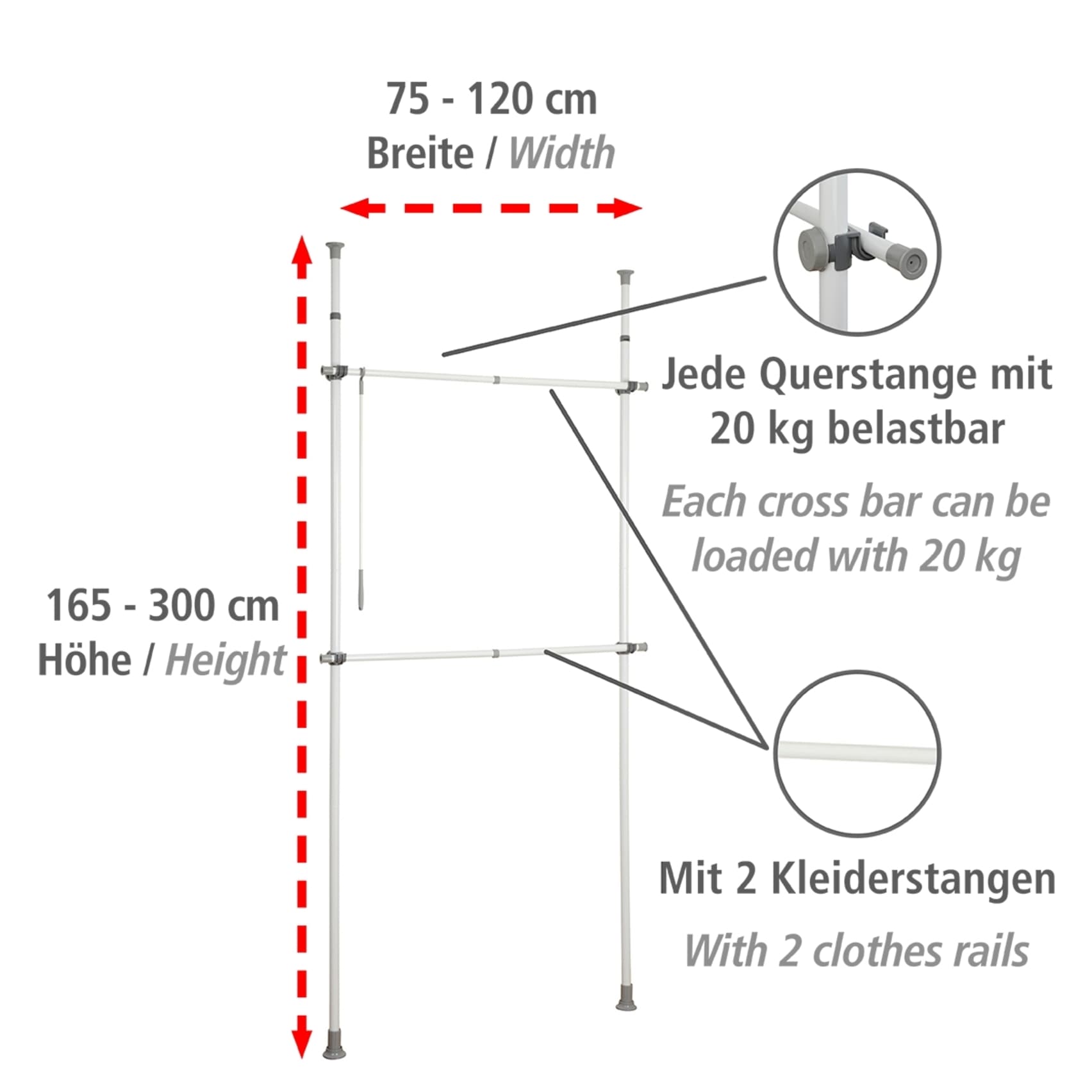 WENKO Teleskopregal »Modell Herkules Basic«, Kleiderstangen zum Klemmen ohne Bohren, verstellbar in Höhe & Breite