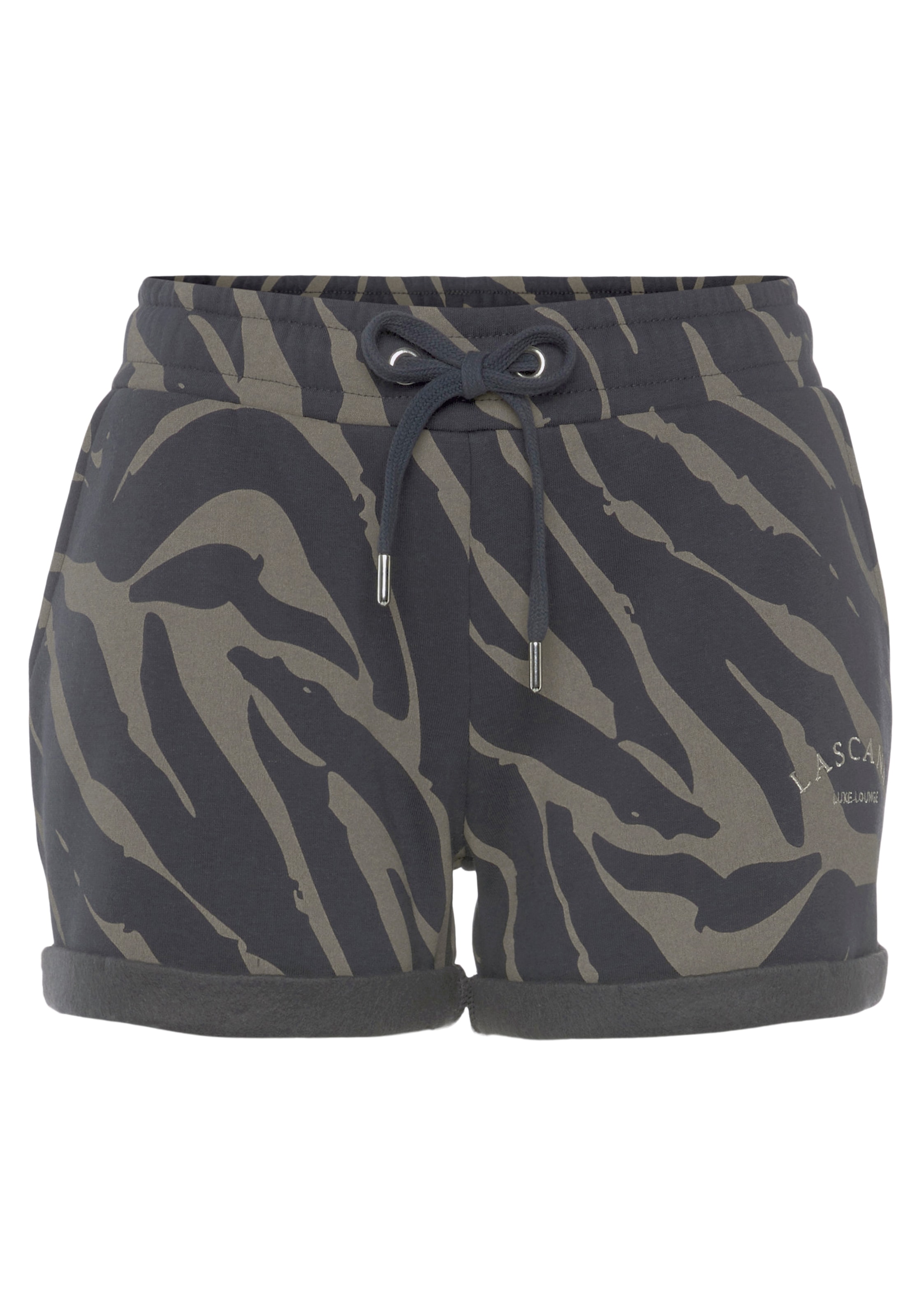 LASCANA Relaxshorts »-Kurze Hose mit Zebradruck,«, seitlichen Taschen und Logostickerei, Loungewear, Loungeanzug