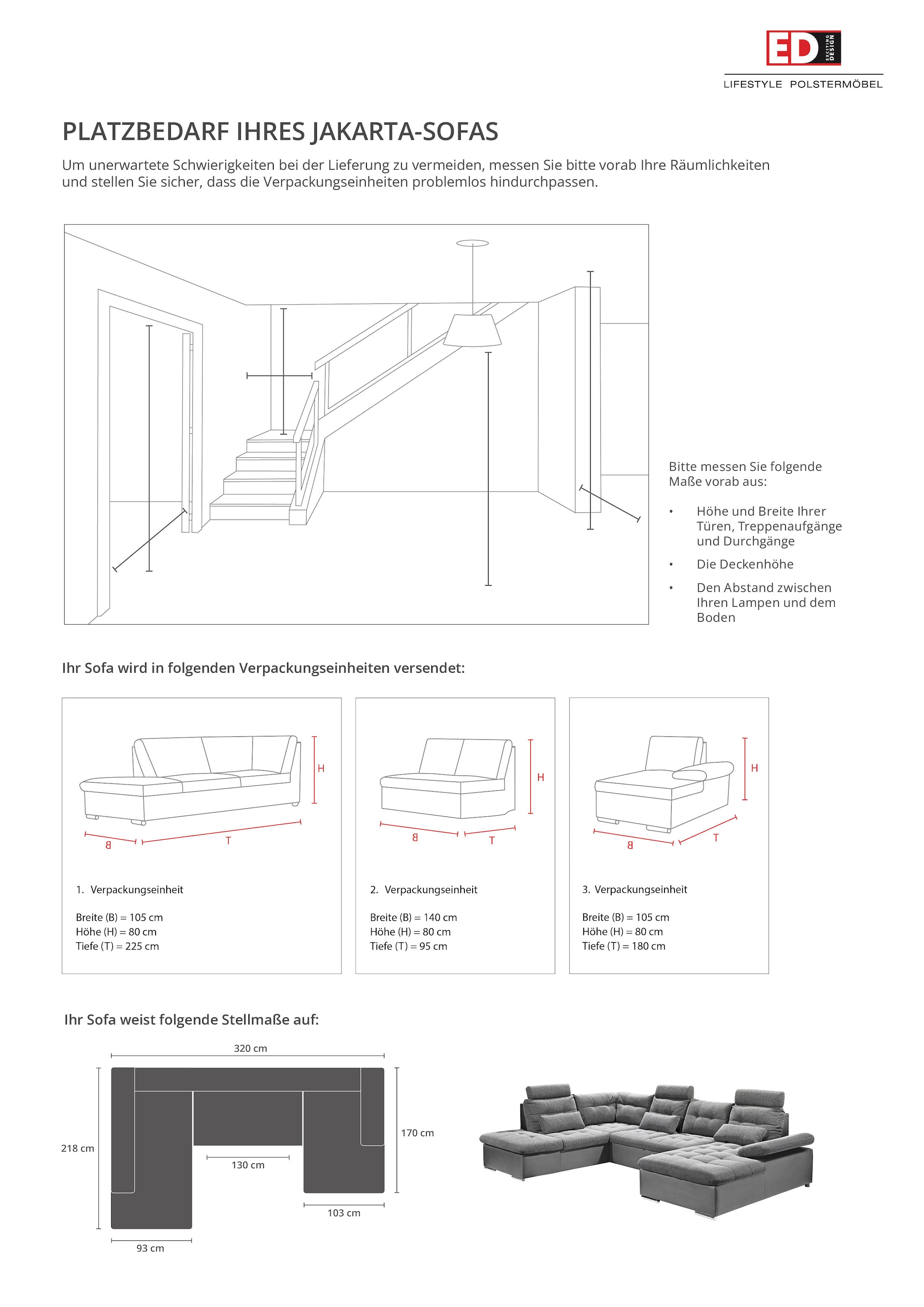ED EXCITING DESIGN Wohnlandschaft »Jakarta U-Form mit Bettfunktion, Bettkasten« Armteilverstellung, Kopfstützen & 3 Nierenkissen
