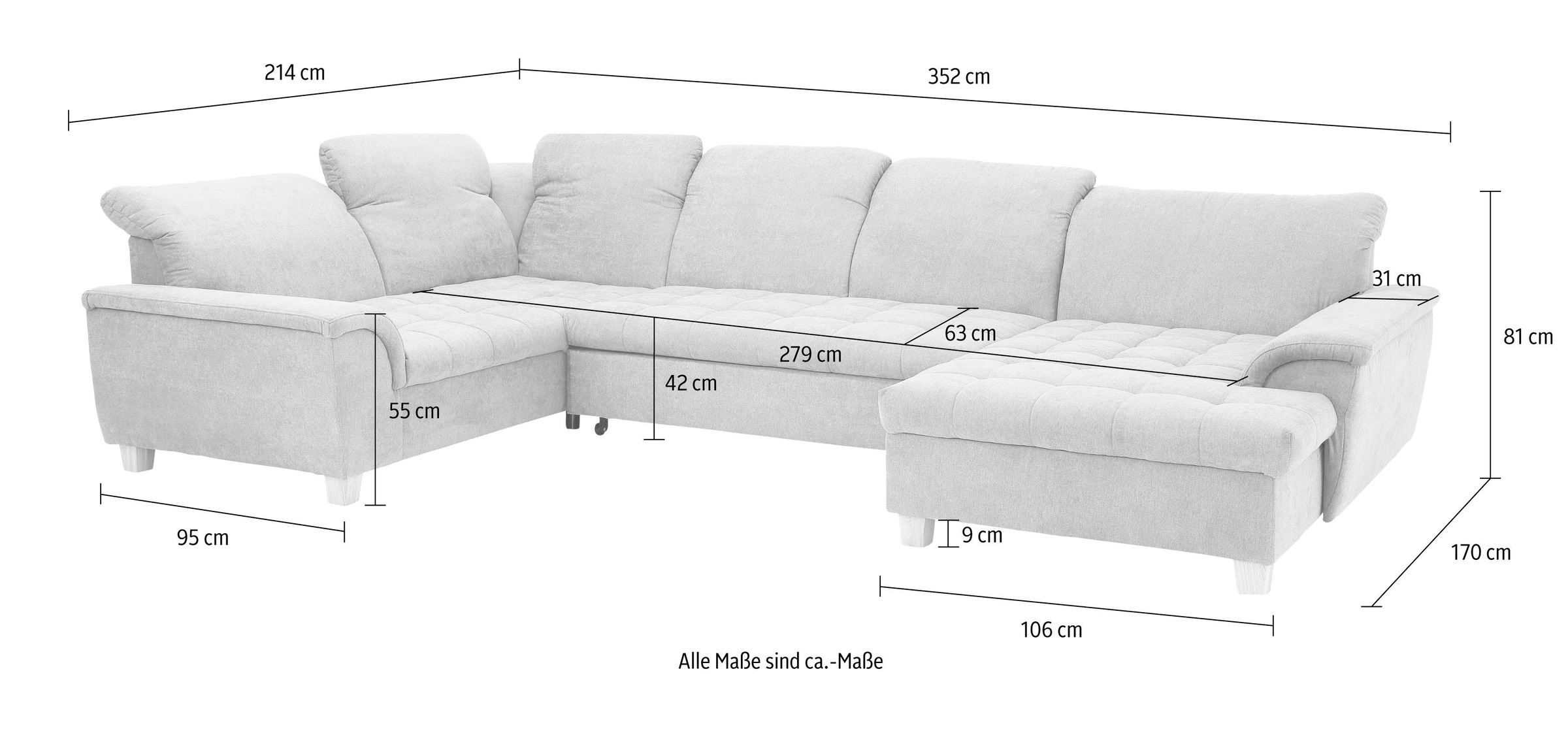 Home affaire Wohnlandschaft »Lyla U-Form«, wahlweise mit Rückenfunktion und zusätzlich mit Bett + Bettkasten