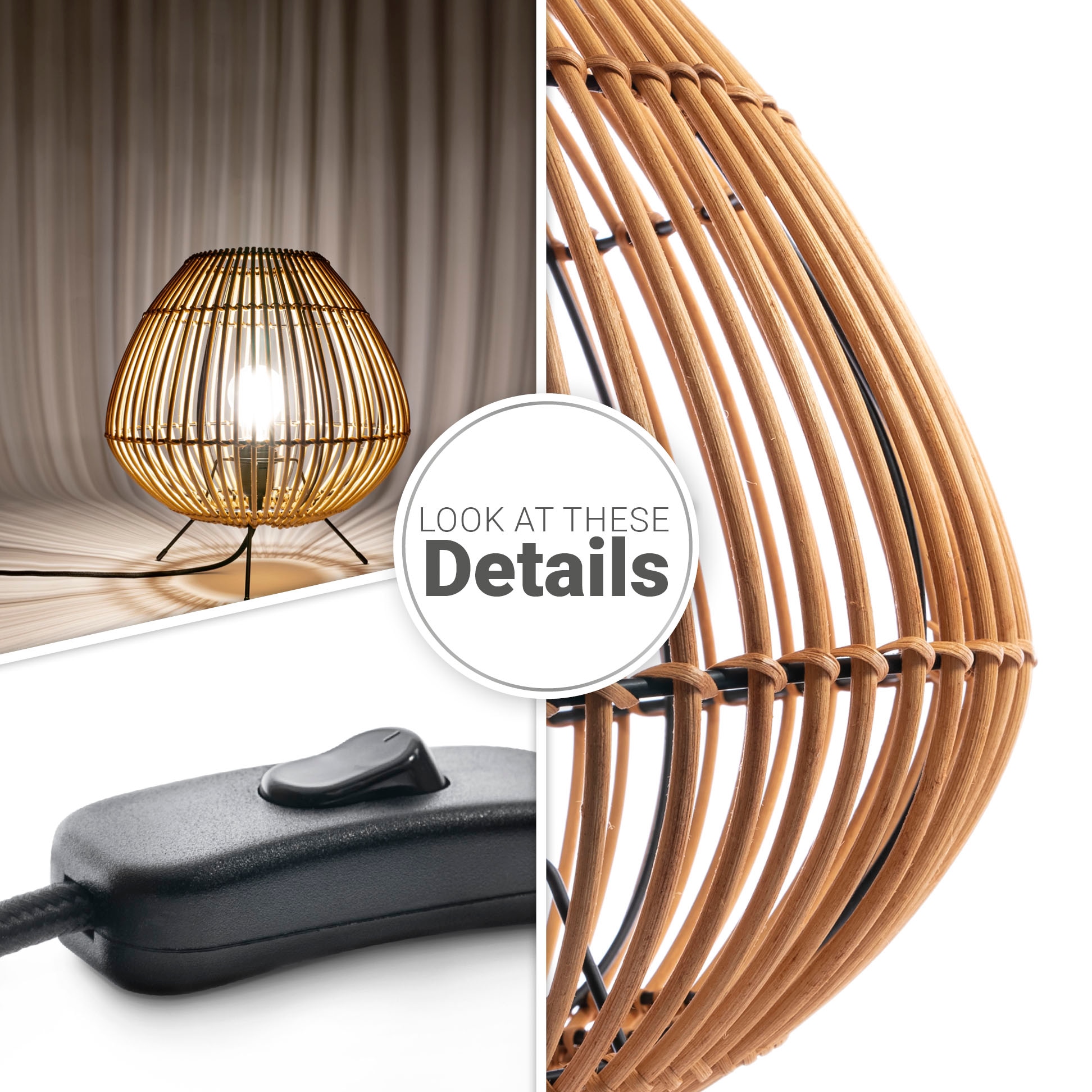 Paco Home Tischleuchte »PIRU«, Leuchtmittel E27 | ohne Leuchtmittel, Rattan Boho Style Dreibein Natur Nacht E27