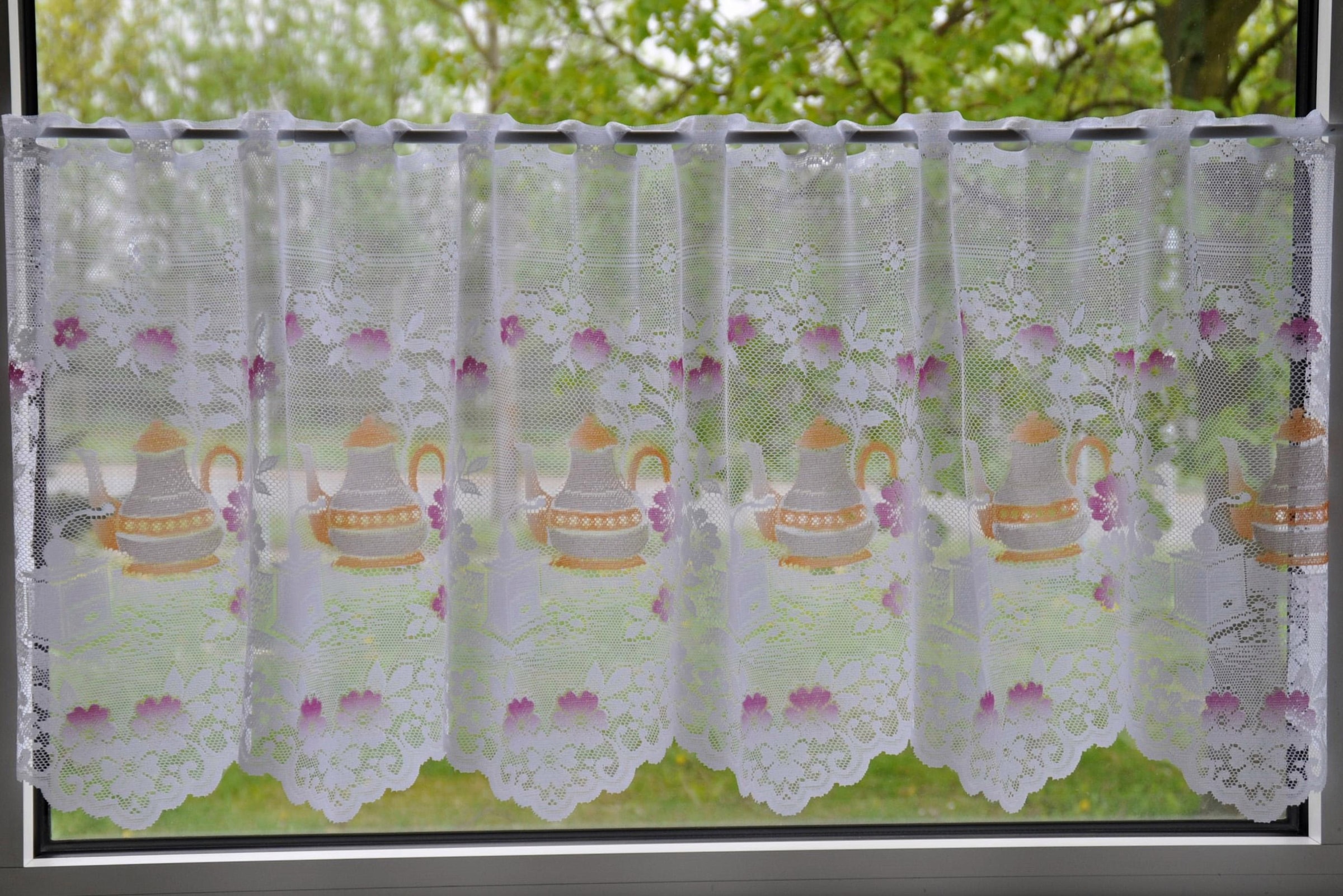 Stickereien Plauen Scheibengardine »Panneau Kaffeeservice« Stangendurchzug 1 Stk. tlg.