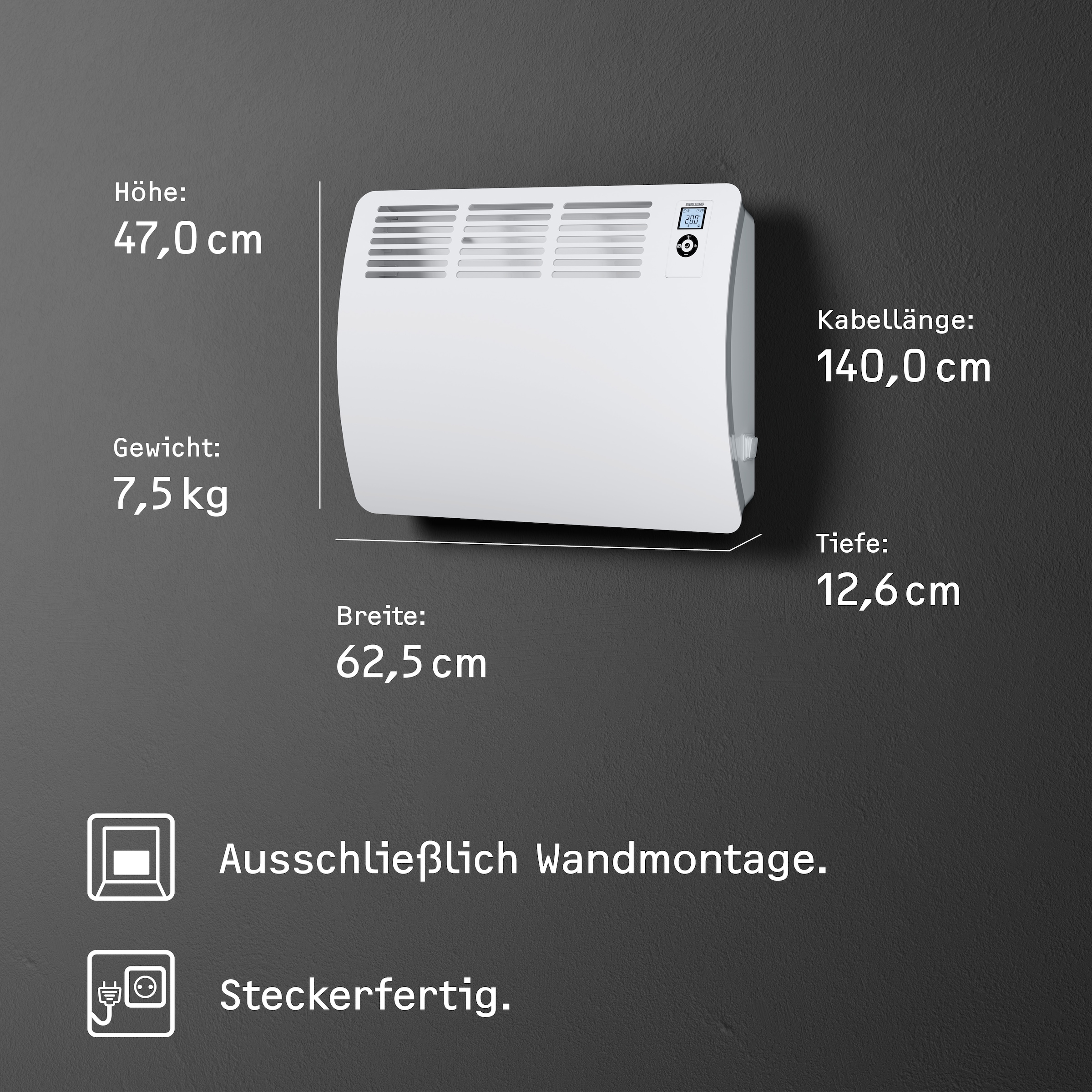 STIEBEL ELTRON Konvektor »»CON 15 Premium«, Wandkonvektor, energiesparend, VDE geprüft, 1,5 kW«, für ca. 20 m², LC-Display, Wochen-/120 Min-Kurzzeittimer, Silent Mode