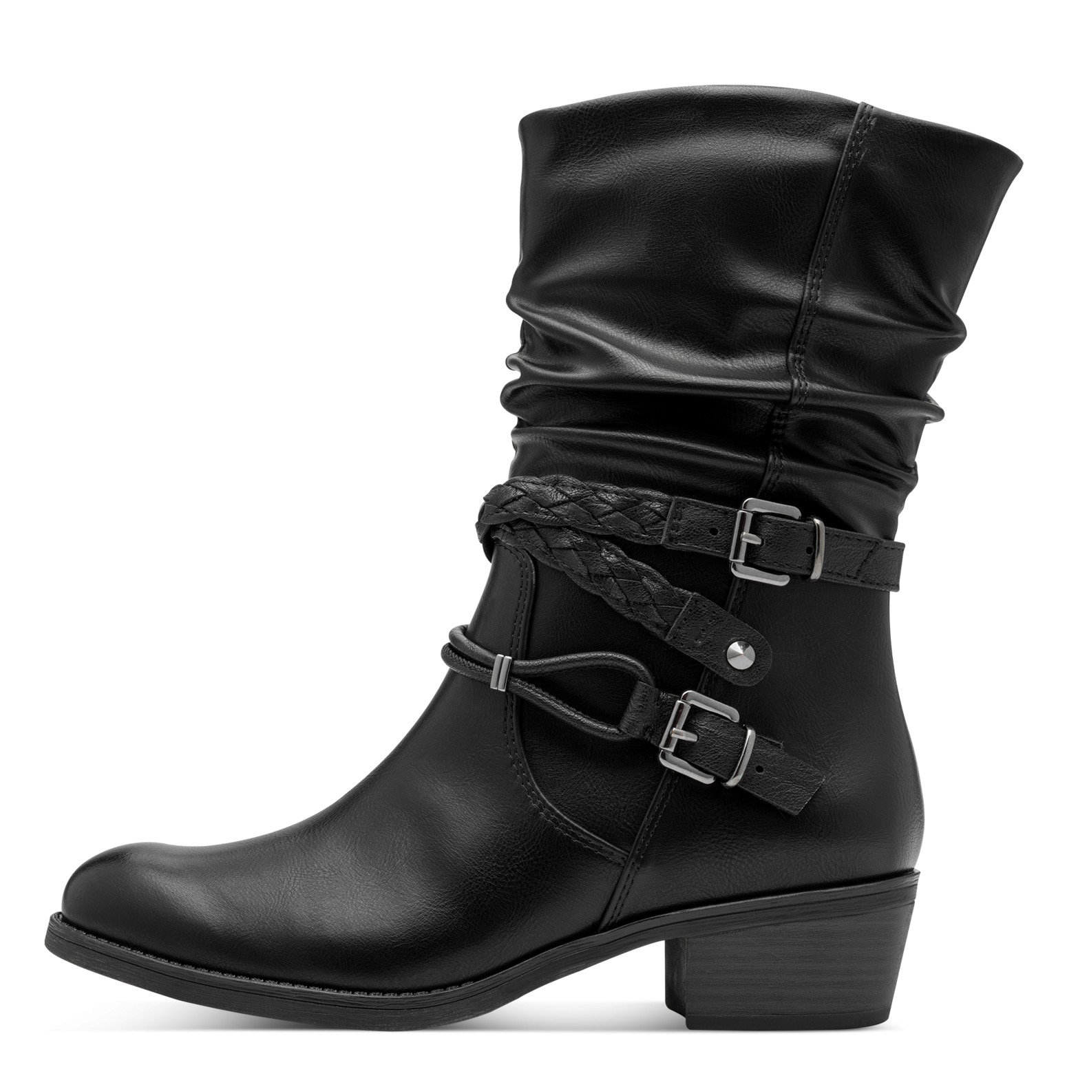 MARCO TOZZI Cowboy Stiefelette, Blockabsatz, Kurzstiefel, Westernstiefelette mit Flecht-Zierriemchen