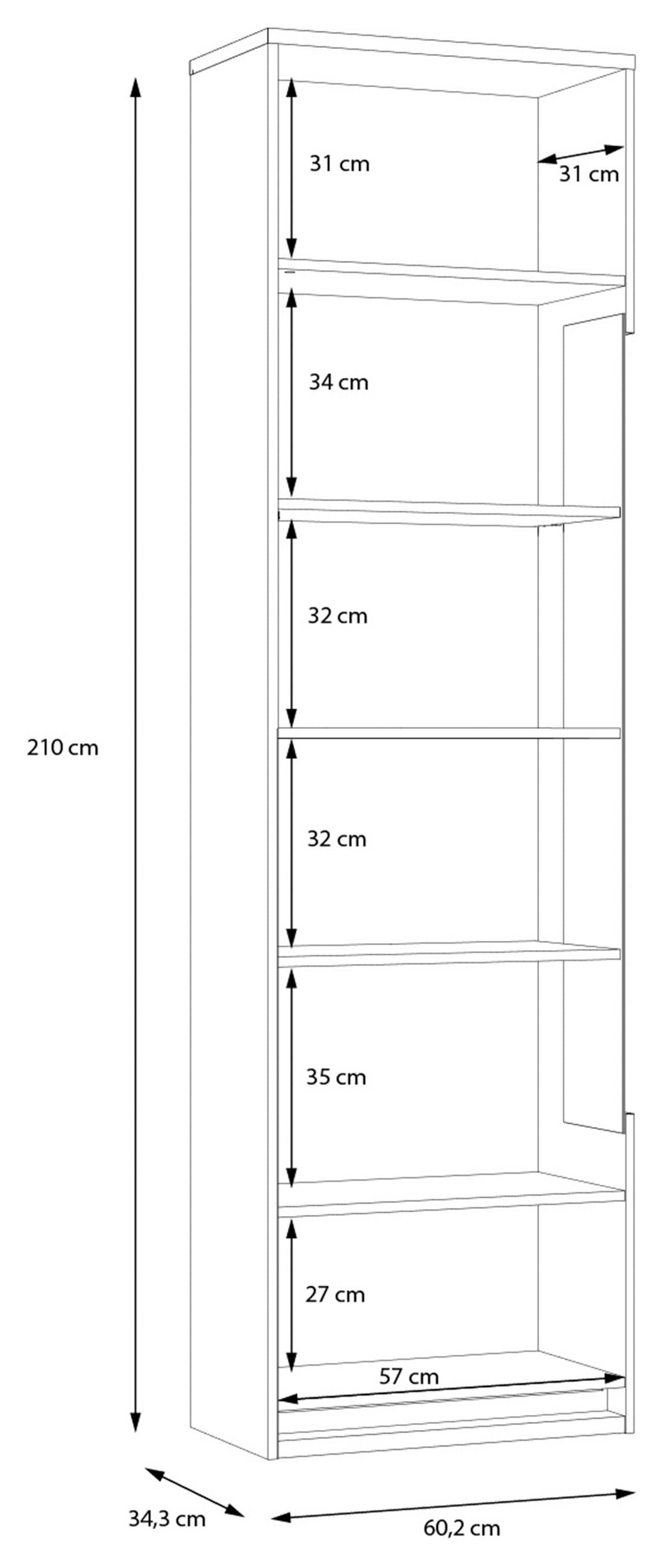 FORTE Vitrine »Attention«, (B/H/T 60,2/210/34,3 cm), Vitrine inkl. Beleuchtung, Höhe 210 cm, Soft Close, Glastüre