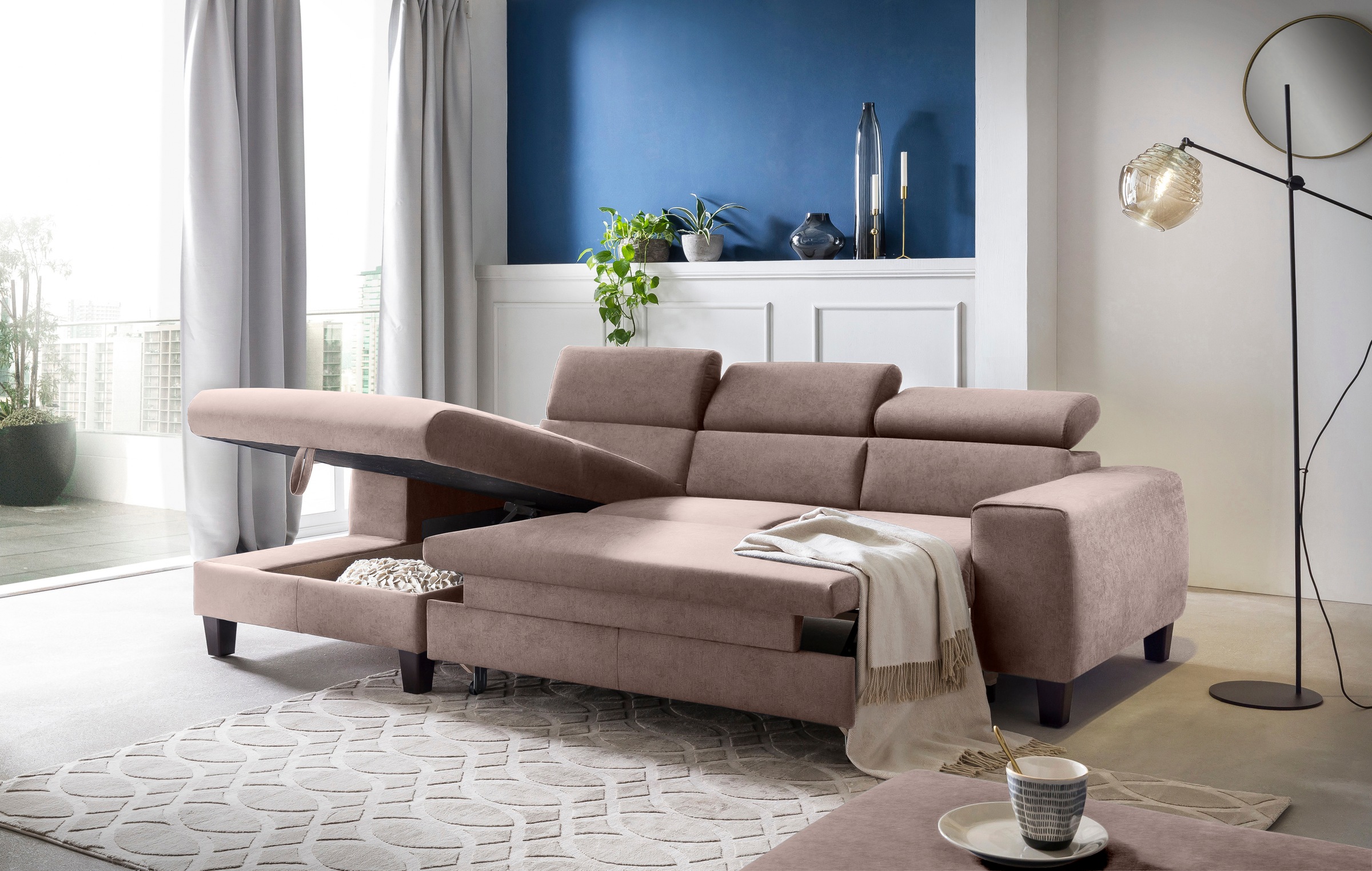 COTTA Ecksofa »Morven L-Form mit Kopfteilverstellung«, wahlweise mit Bettfunktion, Bettkasten & Wireless-Charger