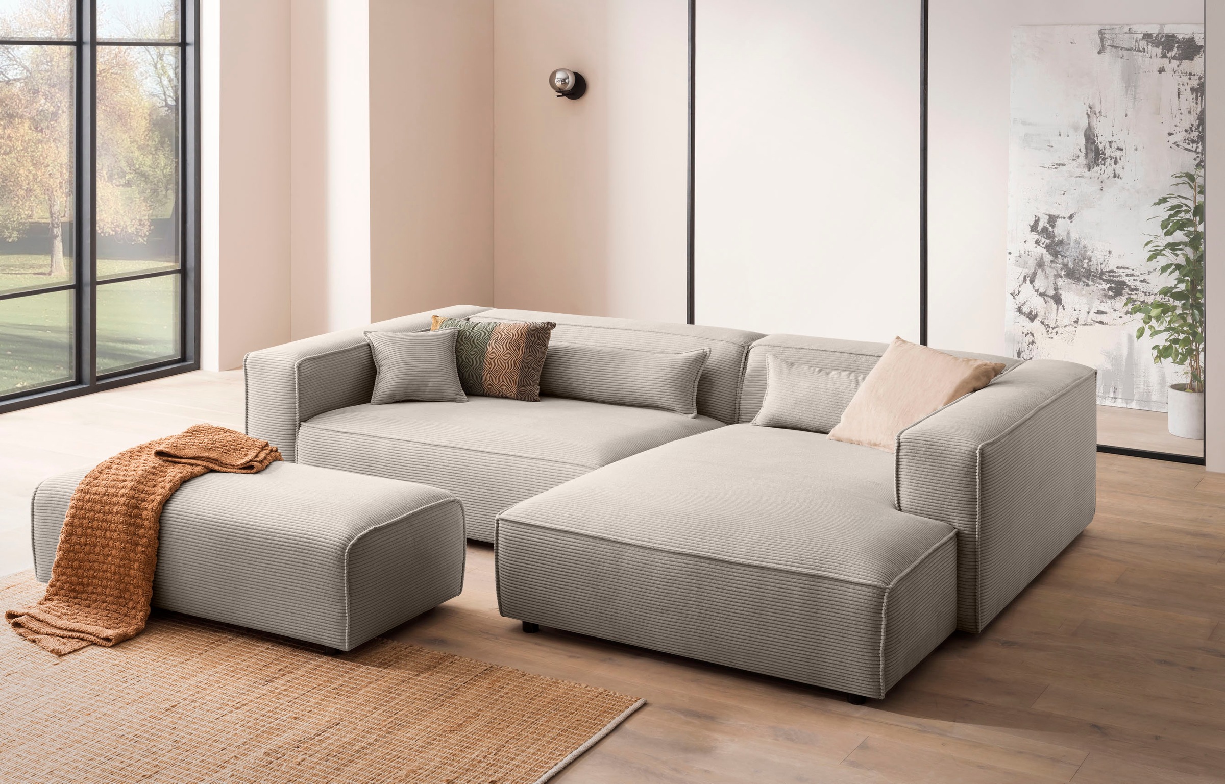 LeGer Home by Lena Gercke Hocker »PIARA, Polsterhocker mit Kedernaht in Cord oder Leinenoptik«, zur Serie PIARA, rechteckig, schwarze Füße, bequemer Sitzkomfort
