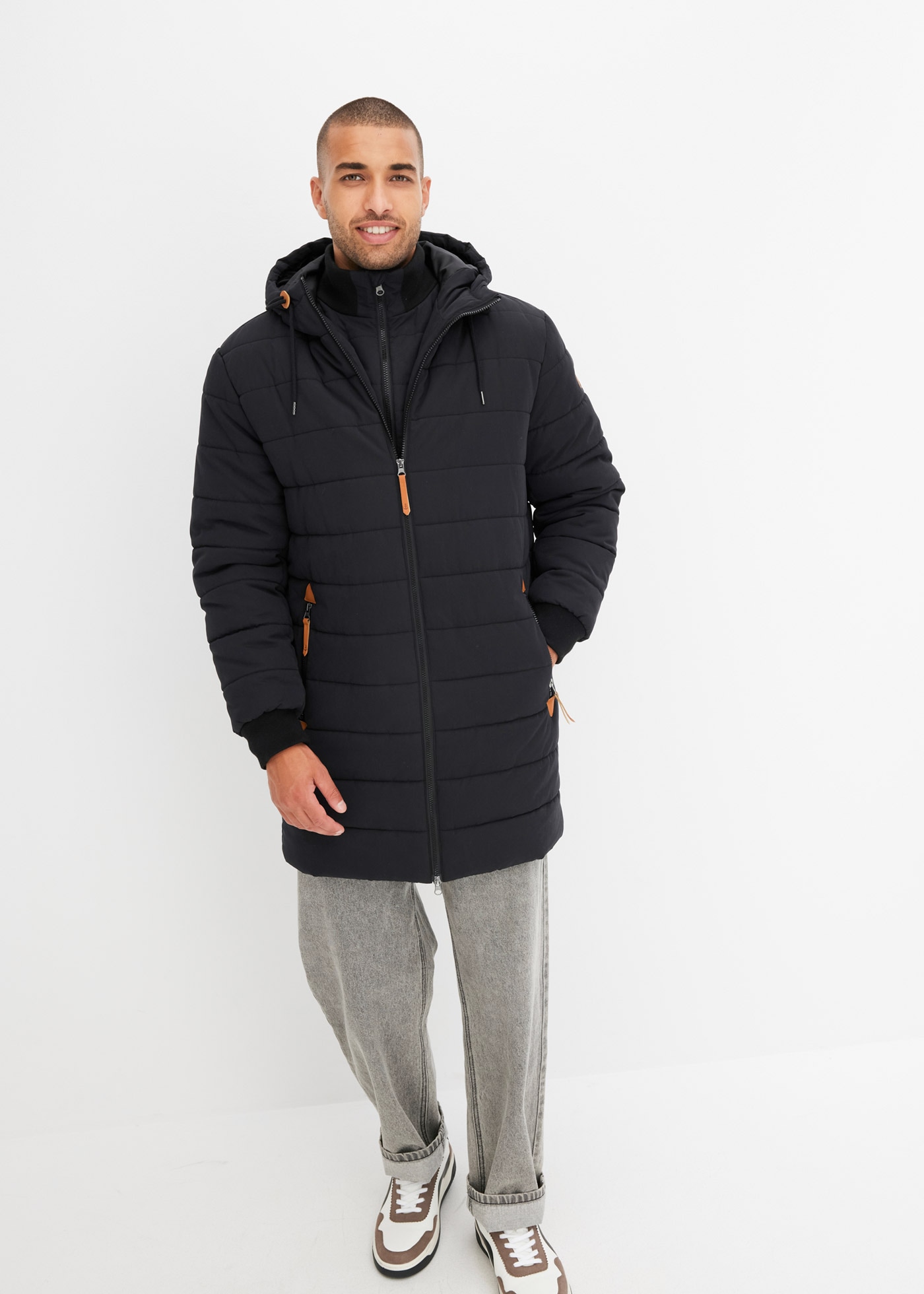 bonprix Steppjacke wattierter Stepp-Parka mit Kapuze und Lederimitat-Details