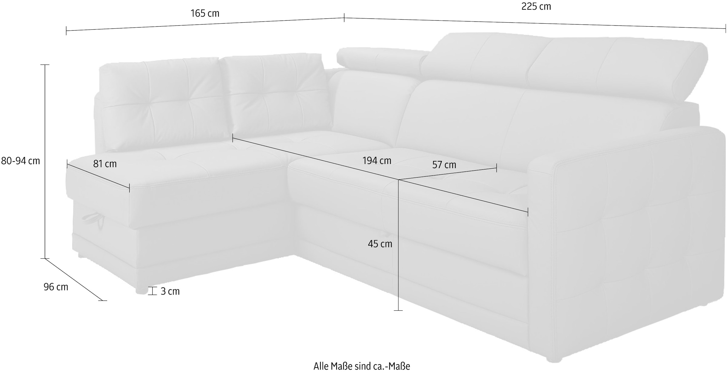 exxpo - sofa fashion Ecksofa »Arles, Federkern, zeitlos, Breite 225cm, L-Form« wahlweise mit Bettfunktion und Bettkasten, inkl. Kopfteilverstellung