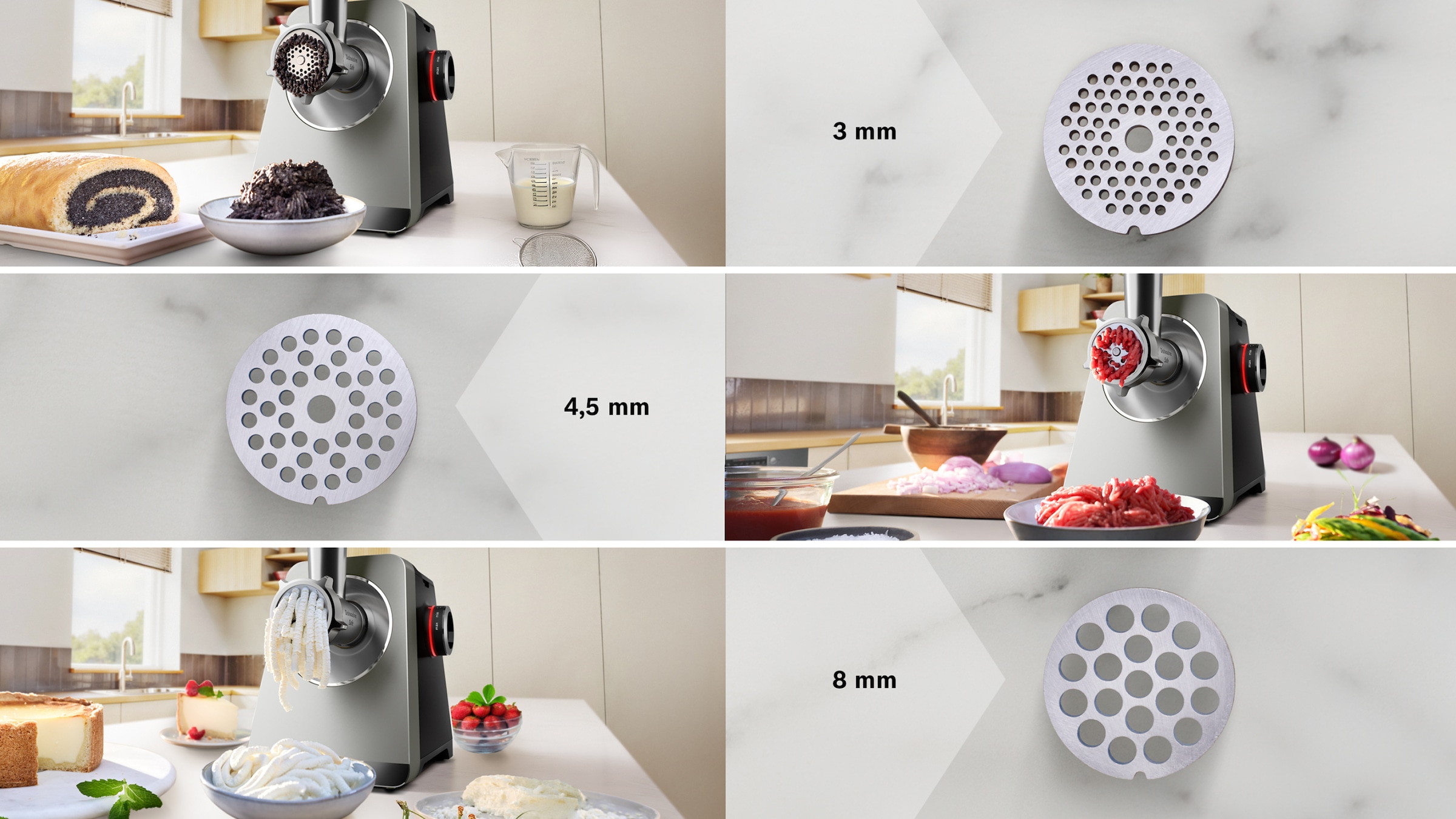 BOSCH Fleischwolf »Serie 8 MFWS840M, bis zu 4,5 kg Fleisch pro Min., spülmaschinenfest« 800 W Edelstahl, 10-Jahre Motorgarantie, mit drei Lochscheiben, 2.500 W