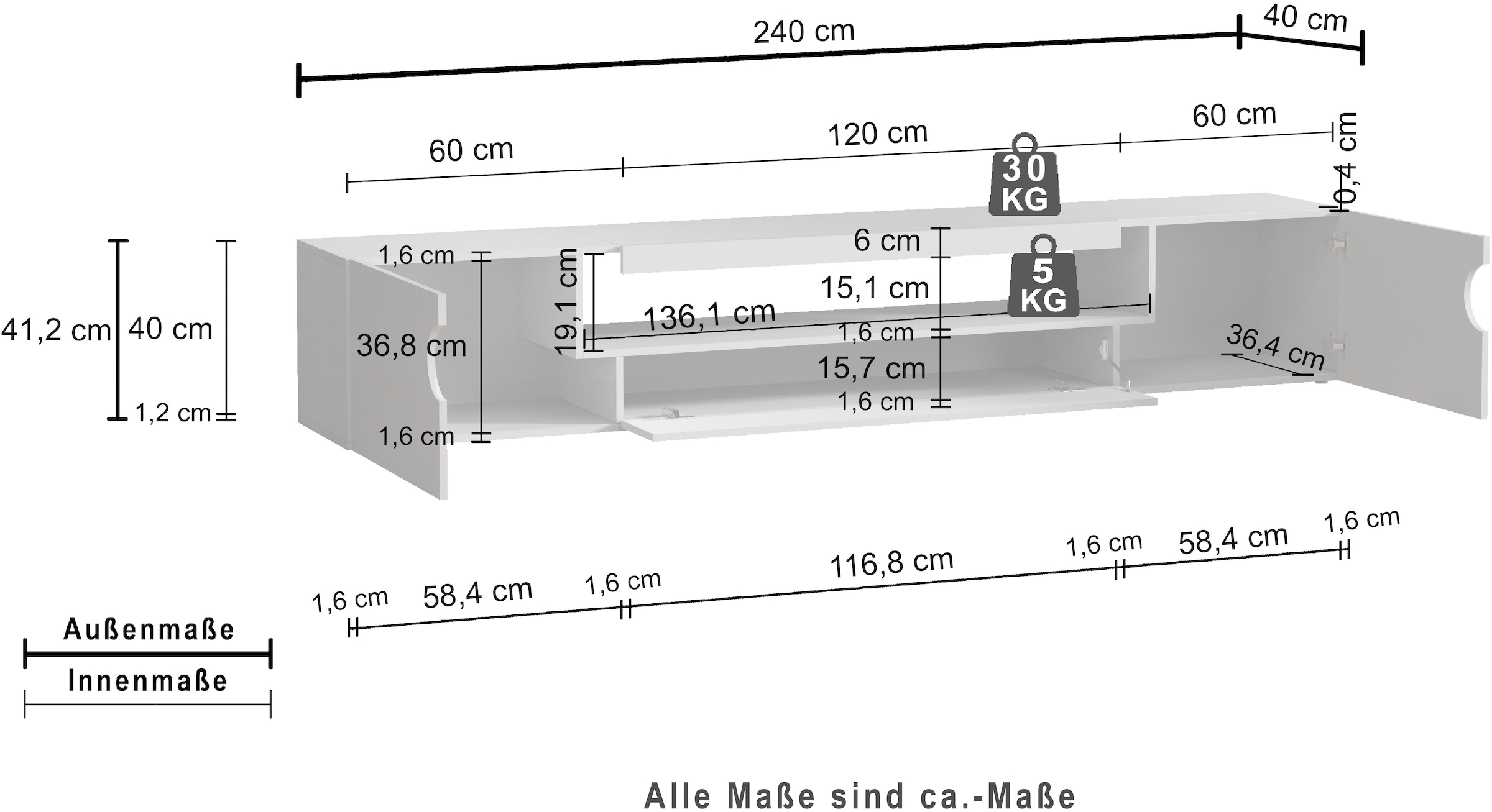 Home affaire Lowboard »REAL TV-Möbel, 240 cm breit, 40/60 cm hoch, Hochglanz oder matt« mit 2 abgerundeten Türen, 1 Klappe, die ein ovales offenes Fach bilden