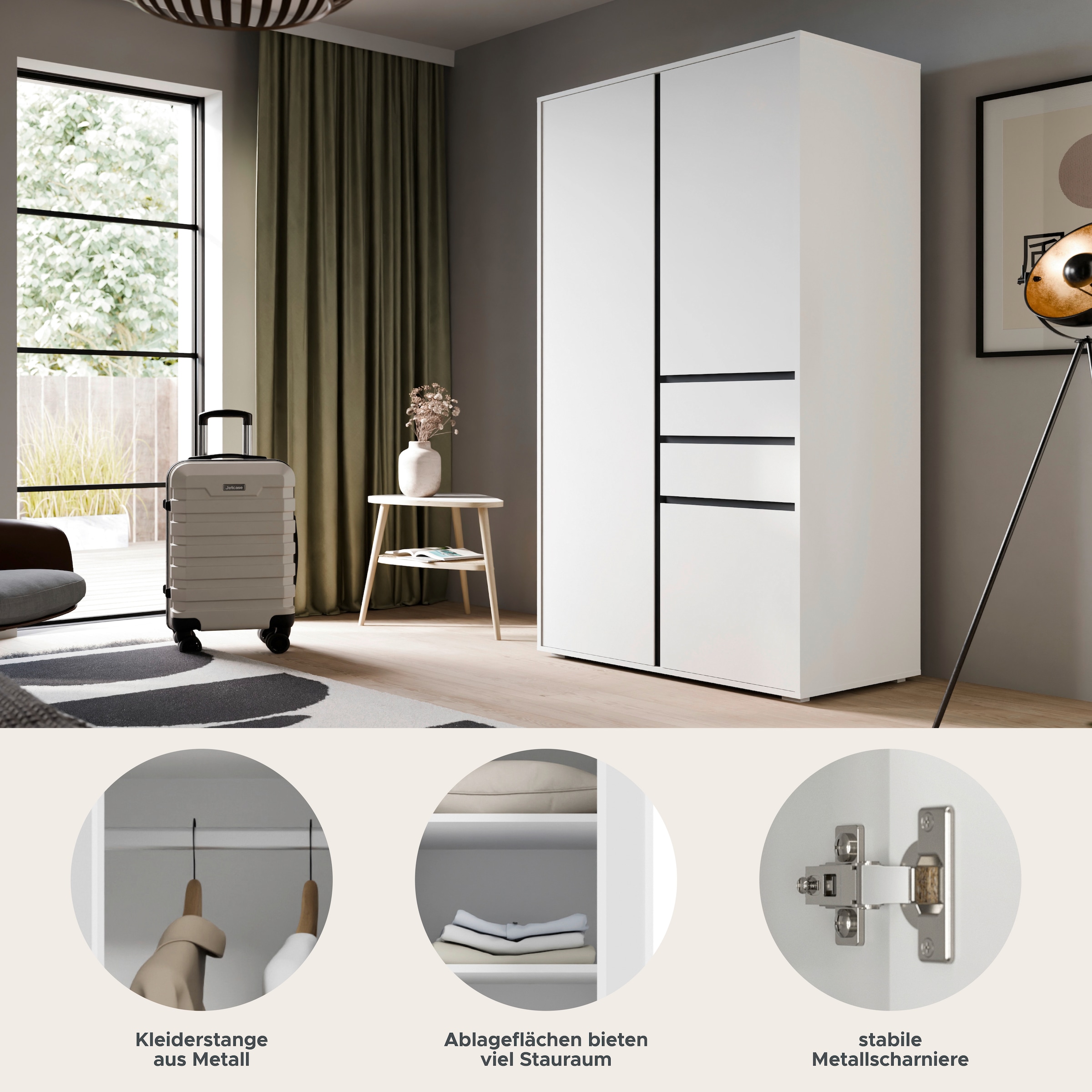Home affaire Kleiderschrank »NULA, Schlafzimmerschrank, Garderobe, Schrank« in verschiedenen Ausführungen und Farben erhältlich, 1 Stk. tlg. 3 Türen, 2 Schubkästen, 1 E-Boden, 5 K-Böden, 1 Kleiderstange