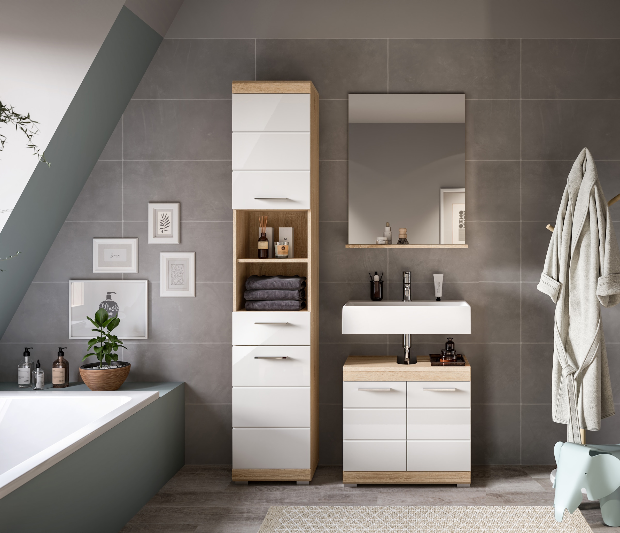 INOSIGN Badmöbel-Set »Siena, 3 teilig, bestehend aus:«, (Set, 3 St., TOPSELLER!), Hochschrank, Waschbeckenunterschrank, Spiegel
