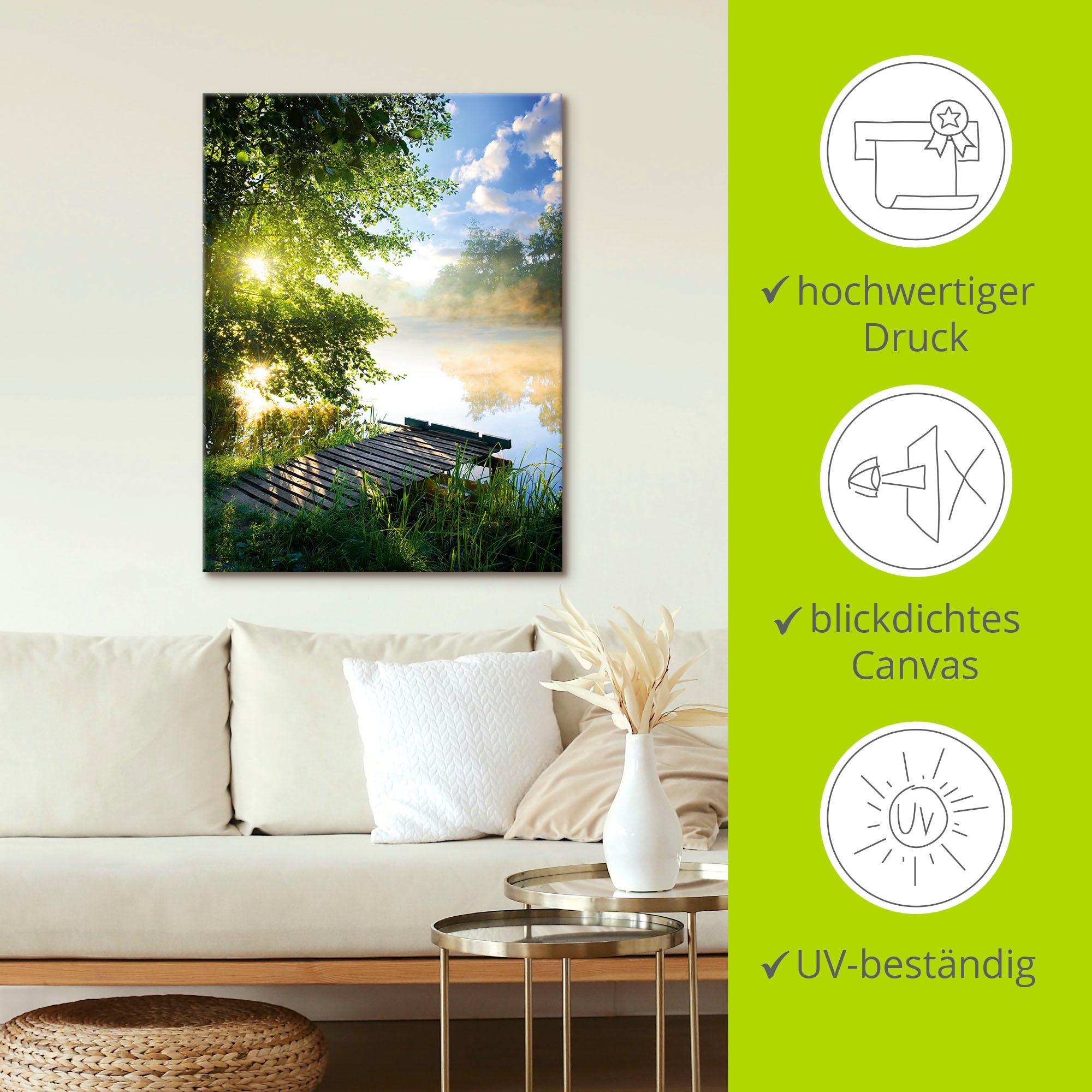 Artland Wandbild »Angelsteg am Morgen«, Gewässer, (1 St.), als Alubild, Outdoorbild, Leinwandbild, Poster, Wandaufkleber