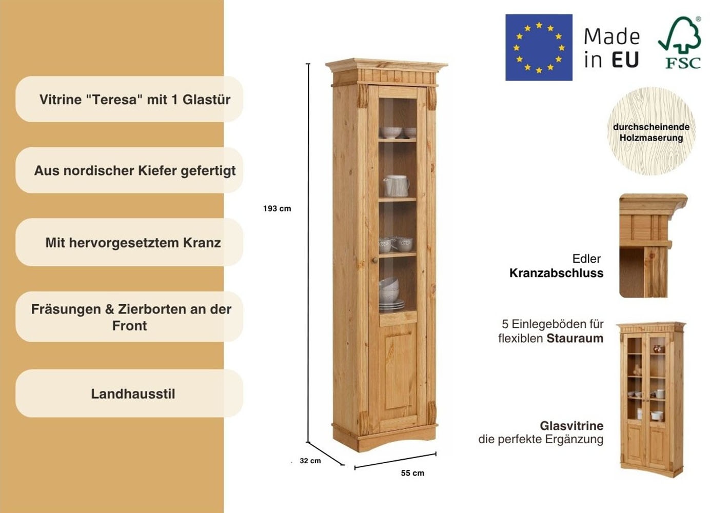 Home affaire Vitrine »Teresa«, mit 1 Glastür, Höhe 193 cm, aus massiver Kiefer, FSC®