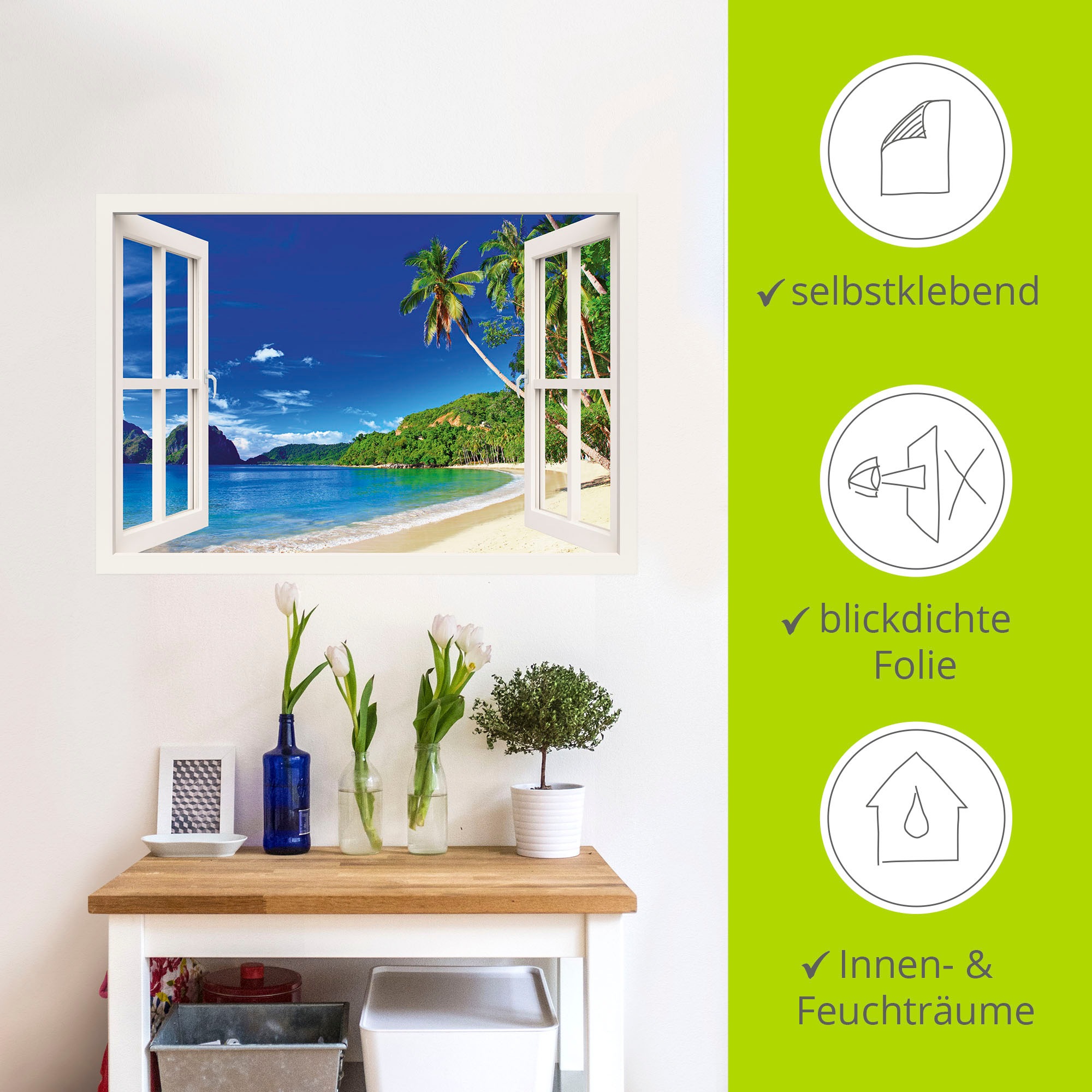Artland Wandbild »Fensterblick Paradies«, Fensterblick, (1 St.), als Alubild, Outdoorbild, Leinwandbild, Poster, Wandaufkleber