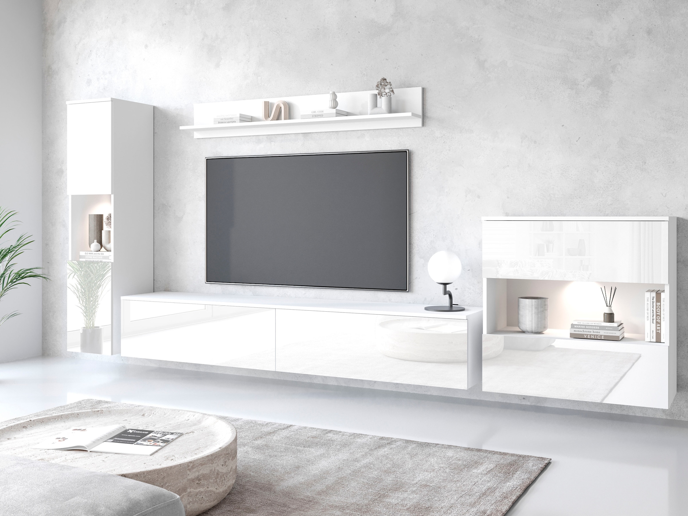 INOSIGN Wohnwand »PARIS, Vitrine Türanschlag links/rechts wechselbar«, (Komplett-Set, 4 St.), grifflose Design, stehend und hängend montierbar