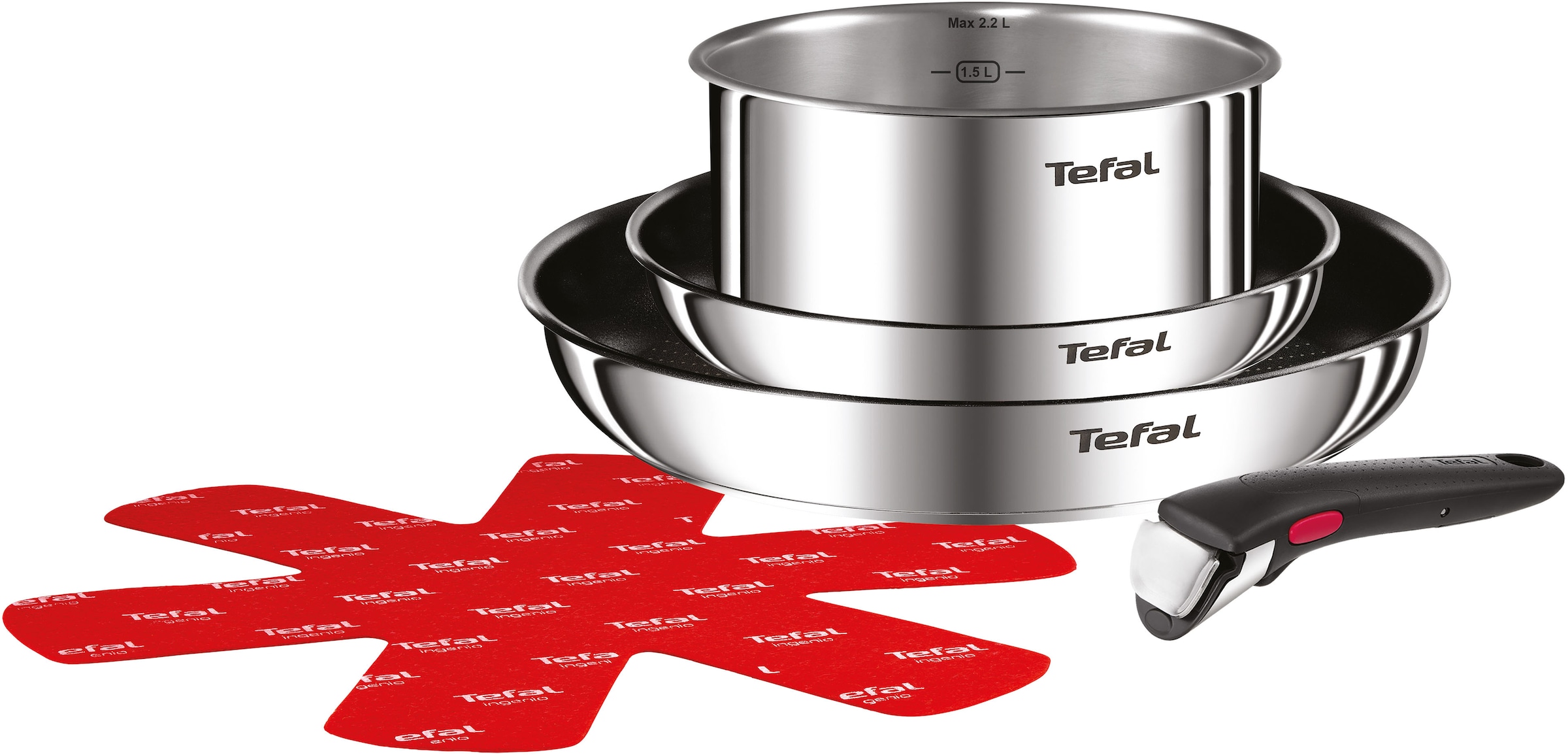 Tefal Pfannen-Set "Ingenio Emotion" Edelstahl Set, 5 Stk. tlg. abnehmbarer Griff, Antihaftversiegelung, Thermo-Signal, Induktion