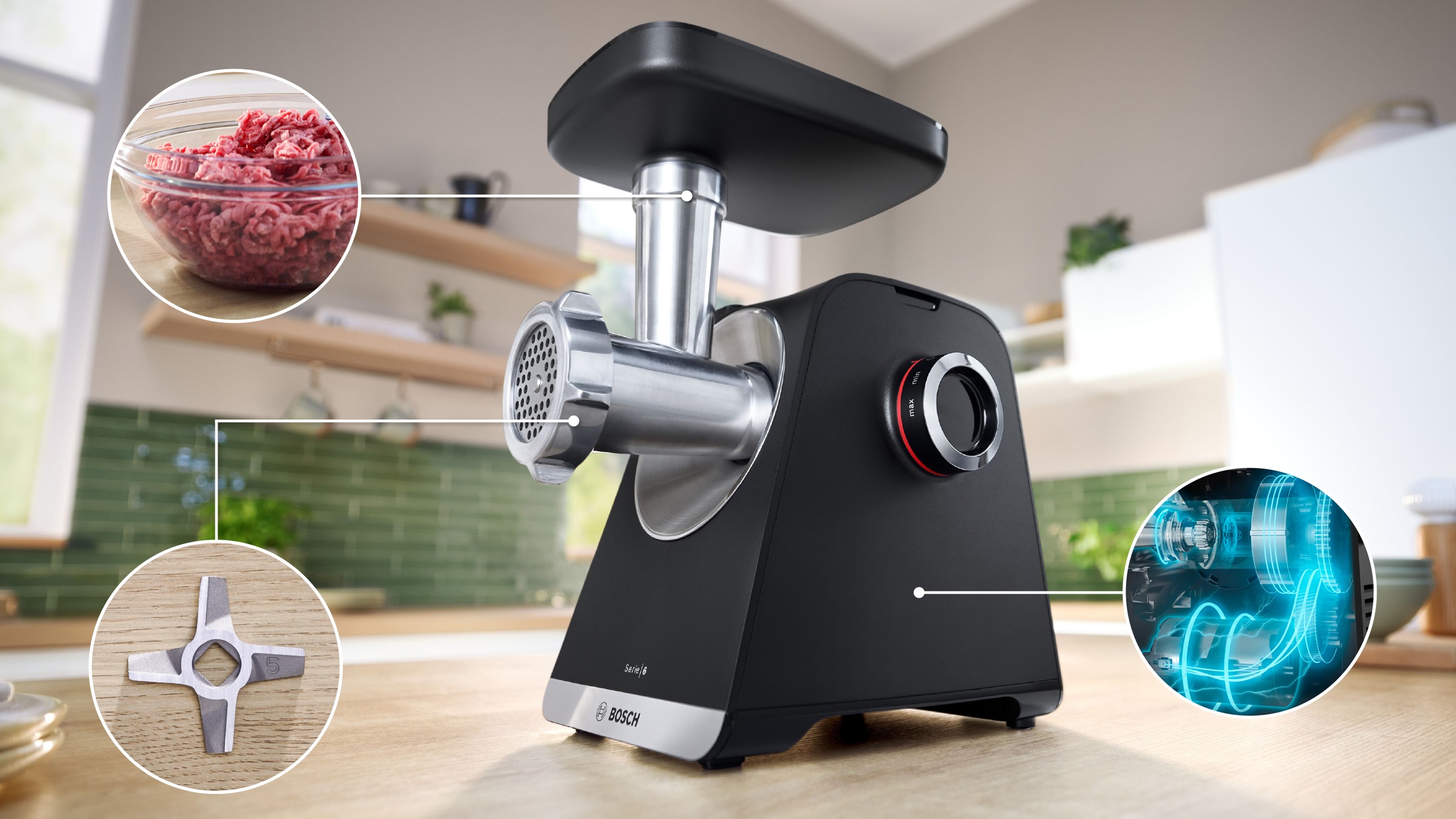 BOSCH Fleischwolf »Serie 6 MFWS650B, 3,5kg/Min., 2 Lochscheiben (3 & 8mm), schwarz«, 500 W, 2 Stufen, Rücklauf, Wurststopfer, 10 J Motorgarantie, Planetengetriebe