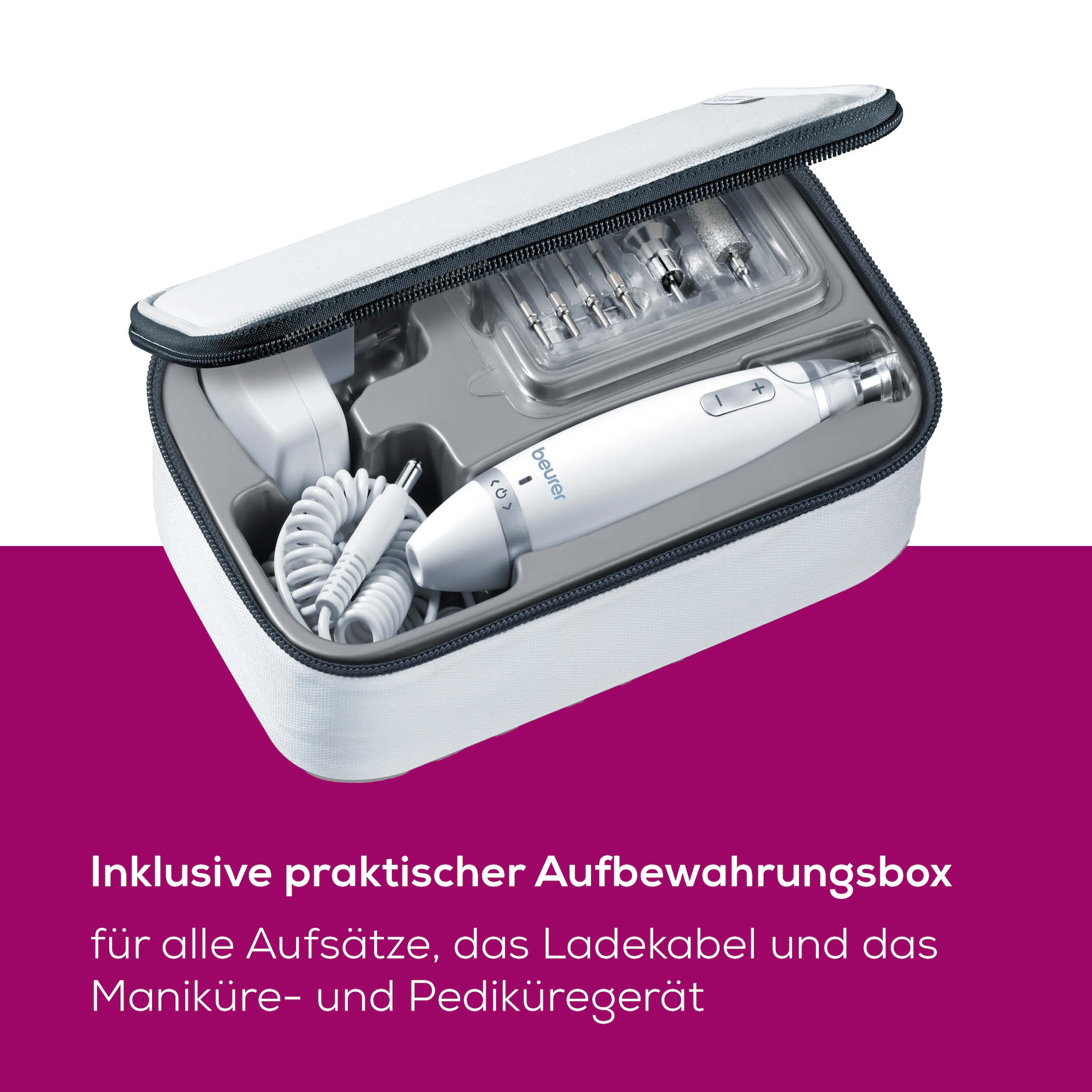 BEURER Maniküre-Pediküre-Set »MP 62 elektrische Nagelfeile für Maniküre und Pediküre zuhause«, Mit 10 Aufsätzen, LED-Licht und Aufbewahrungstasche