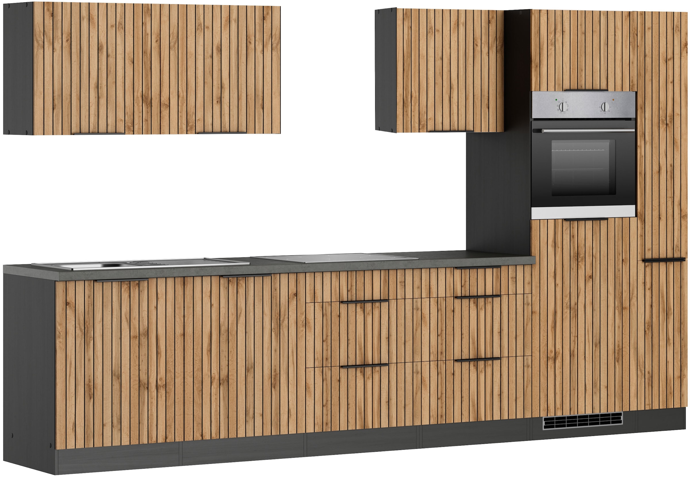 KOCHSTATION Küchenzeile »KS-Lagos, wahlweise mit E-Geräten, Spüle edelstahl oder schwarz« Breite 330cm, Ceran-oder Induktionskochfeld,mit oder ohne Kühlschrank