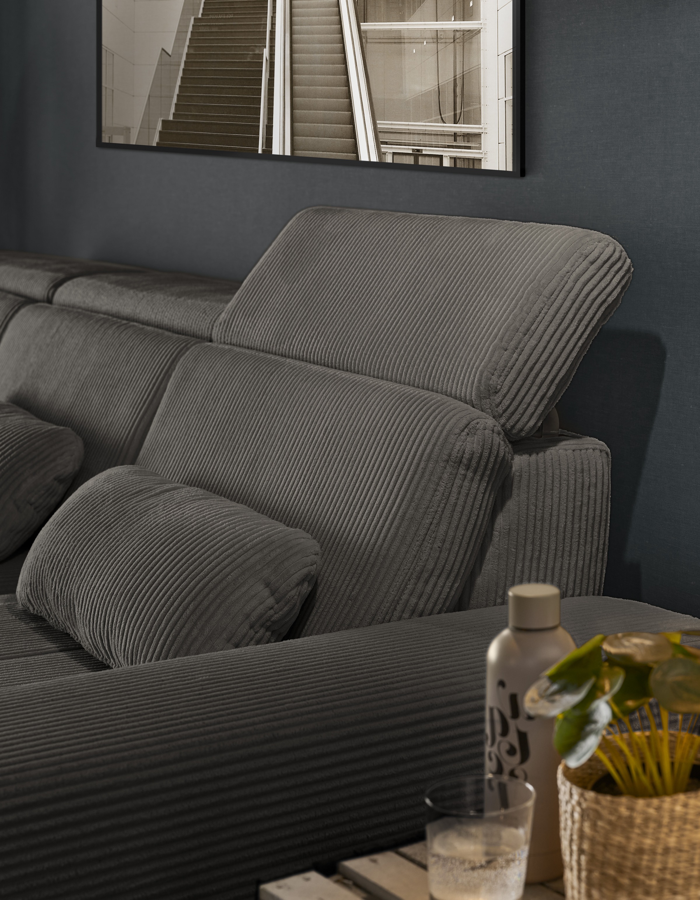 set one by Musterring Ecksofa »SO 3400 Sitzhöhe 47cm oder 49cm, Sitztiefe verstellbar, B/T: 307/195cm«, whlw. mit Funktion, Kaltschaum, in Cord, anthrazit, Sitzhöhe 47
