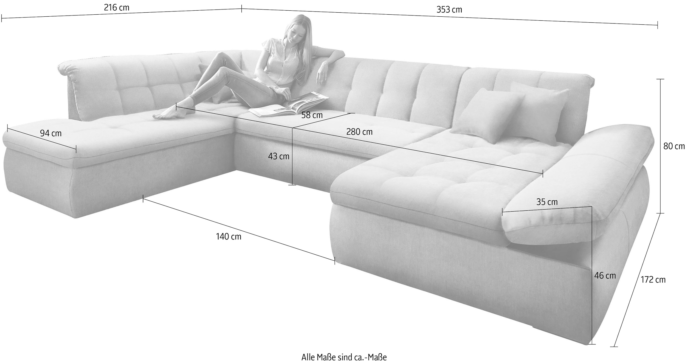 DOMO collection Wohnlandschaft »NMoric im XXL-Format, B/T/H: 353/216/80 cm, incl. Zierkissen U-Form« wahlweise mit Bettfunktion und Armlehnenverstellung