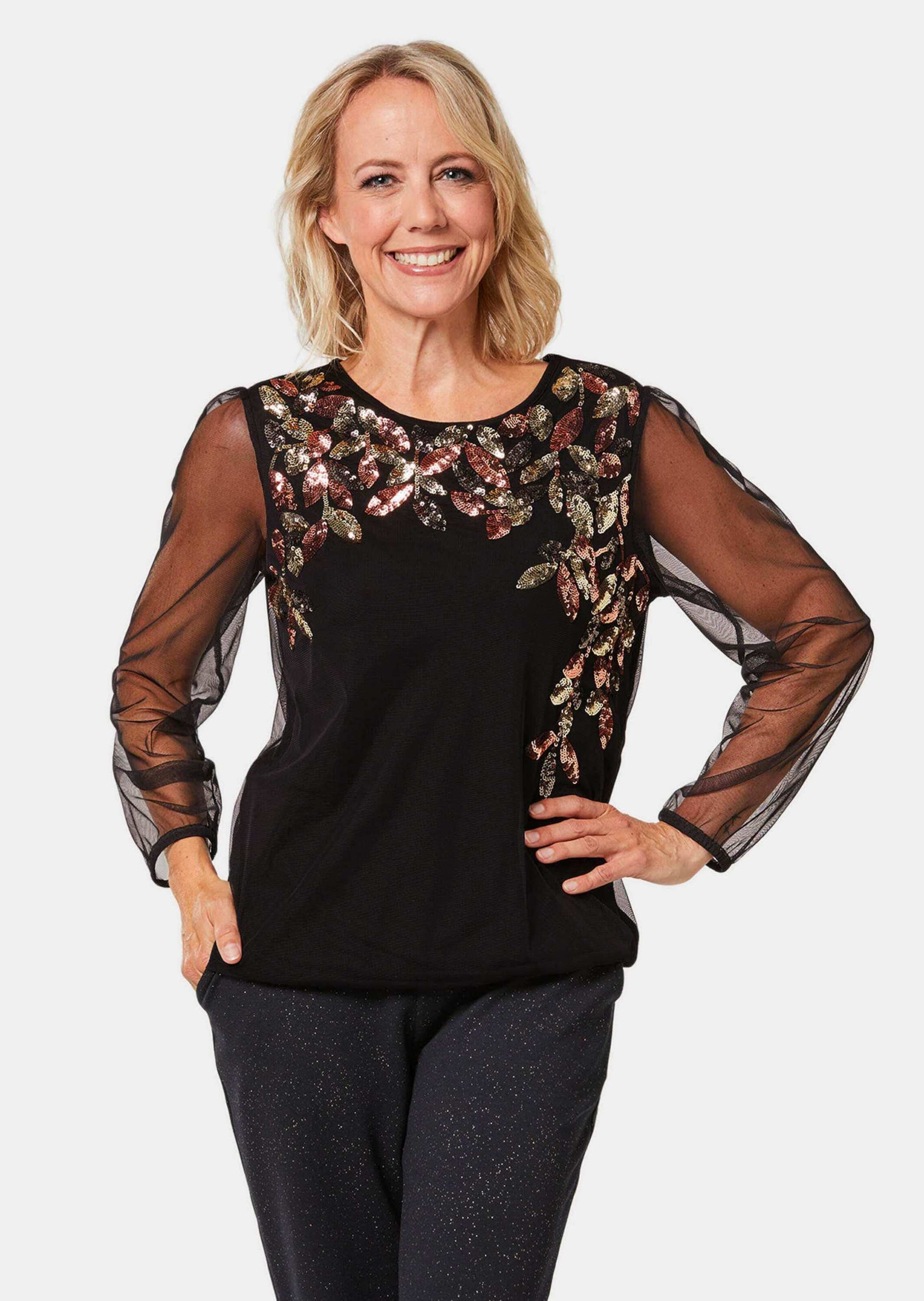 GOLDNER Longpullover »Kurzgröße Shirt mit aufwendiger Paillettenstickerei«