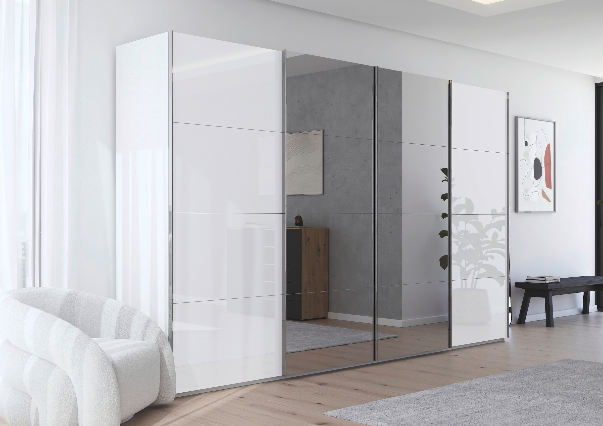 rauch Schwebetürenschrank »Kleiderschrank Schrank Garderobe Schlafzimmerschrank SCALE-FYRA«, edle viergeteilte Türen Spiegel/Glas-Mix viele Farben MADE IN GERMANY