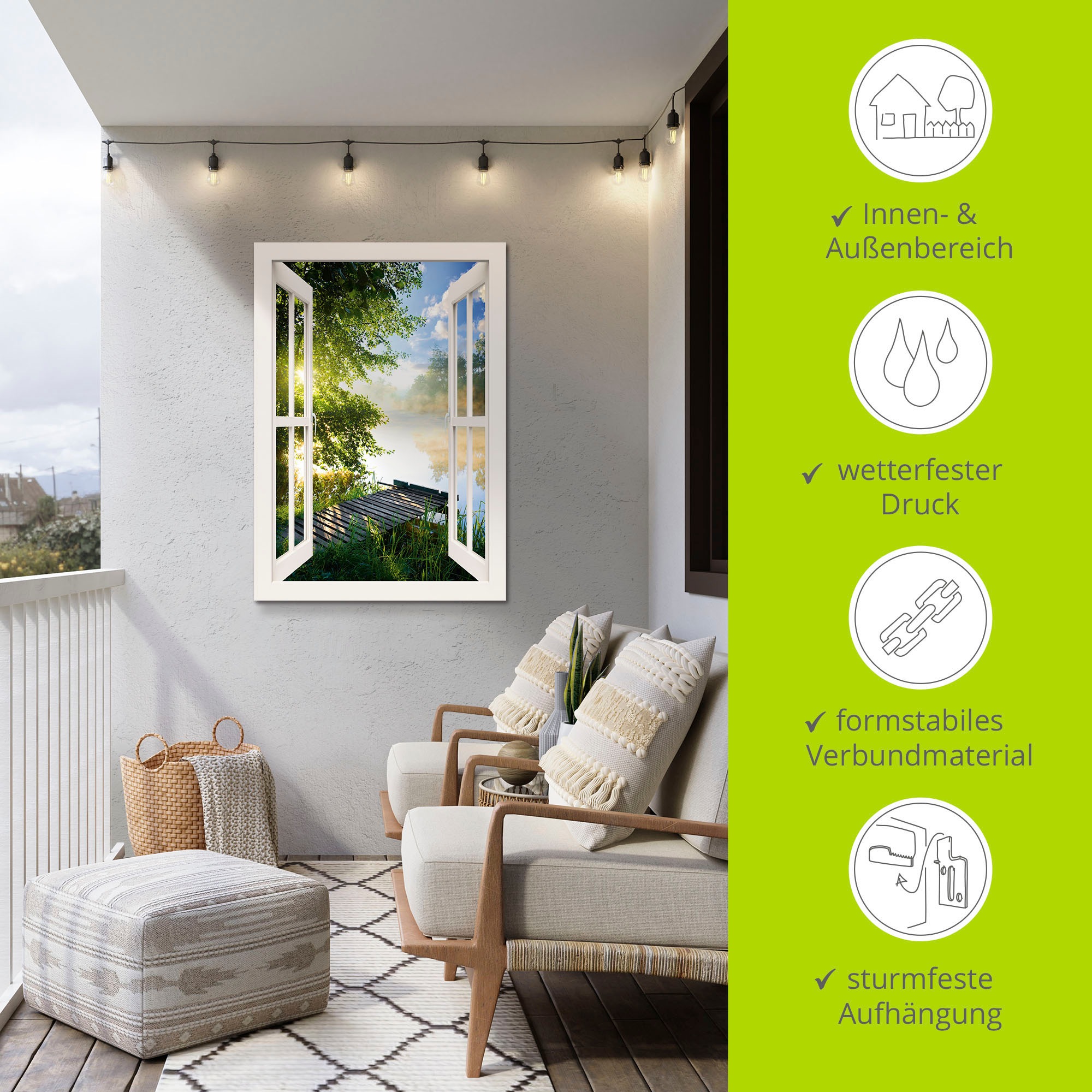 Artland Wandbild »Fensterblick Angelsteg am Fluss«, Fensterblick, (1 St.), als Alubild, Outdoorbild, Leinwandbild, Poster, Wandaufkleber
