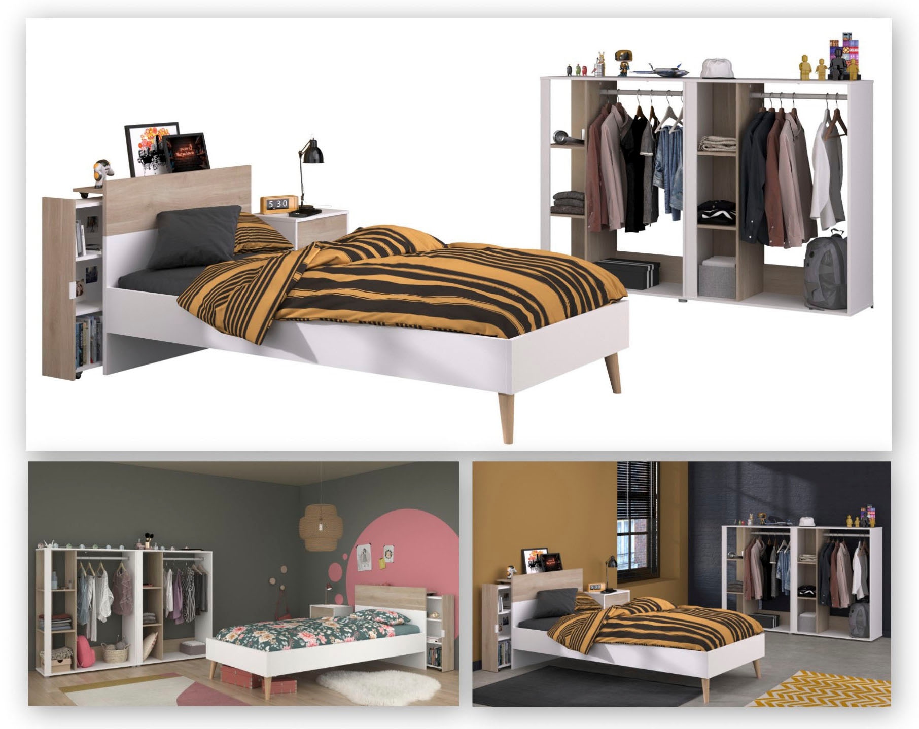 Parisot Jugendzimmer-Set »Parisot Aalborg 6«, (Set, 4 tlg.), offene Regale als Kleiderschrank mit Keiderstange und Stauraumfächern