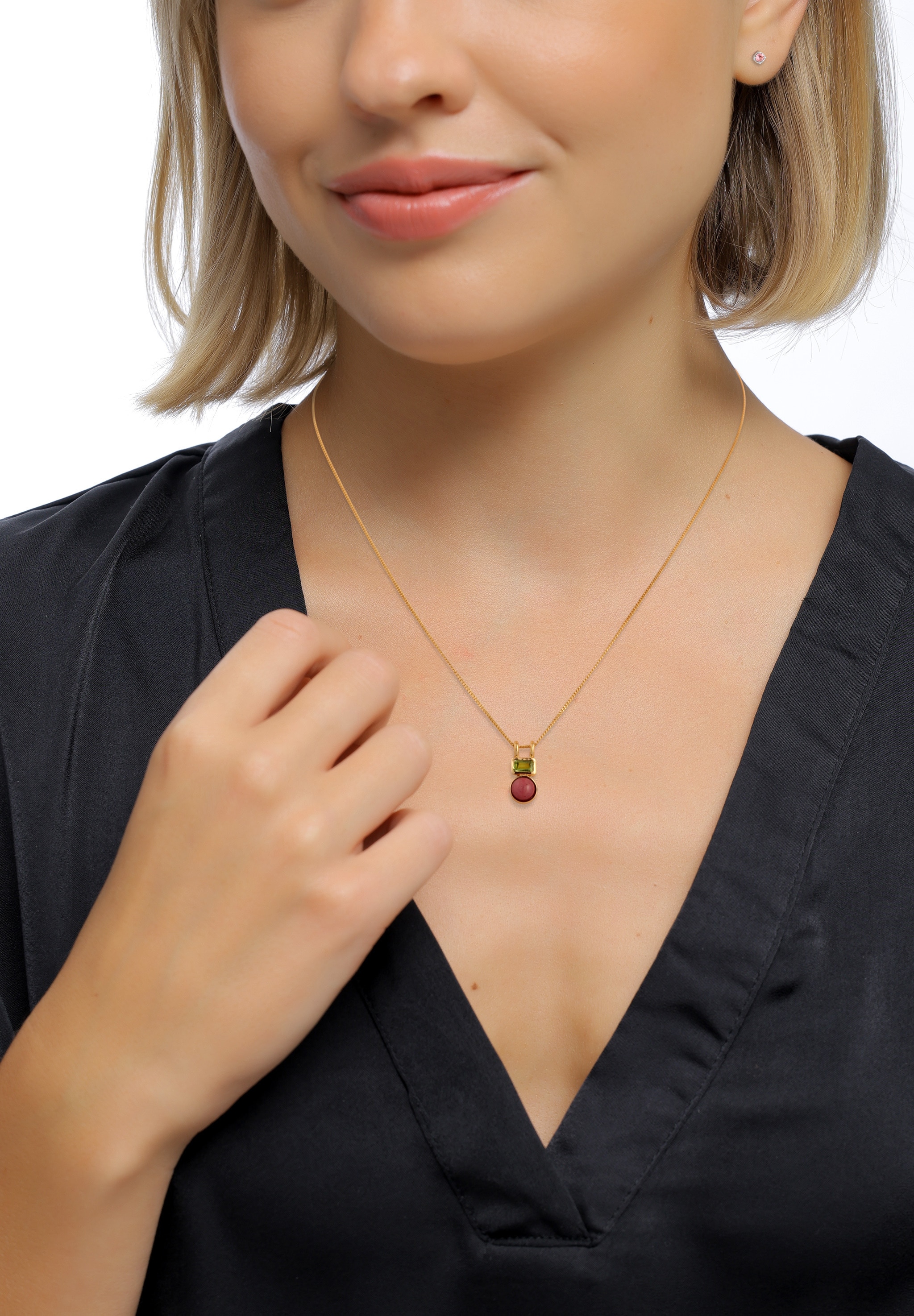 Elli Premium Kette mit Anhänger »Halskette Anhänger Peridot Rot 925 Sterling Silber vergoldet«
