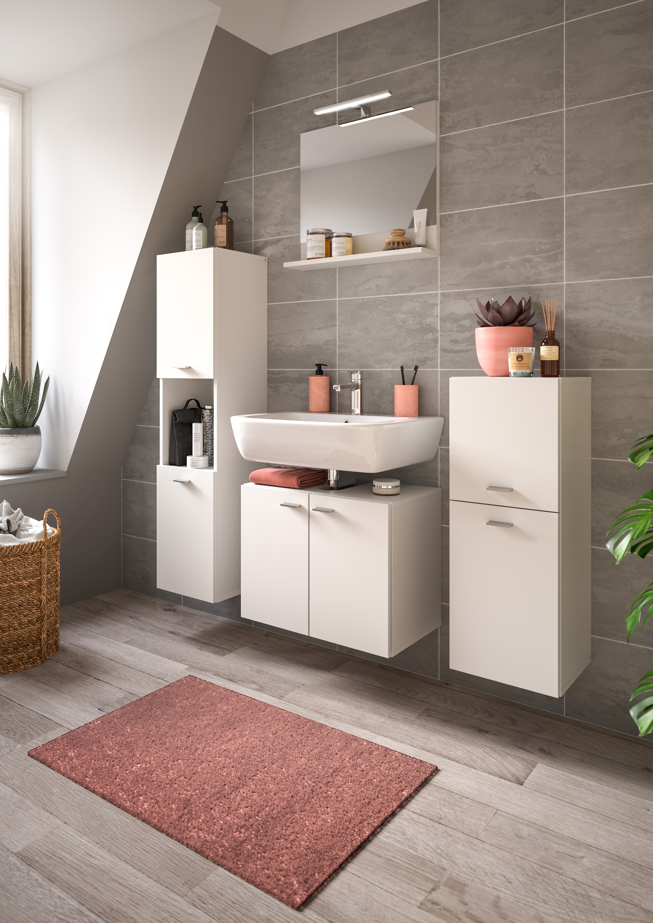 welltime Badmöbel-Set »Tampa, Breite 137cm, 4-teilig«, (4 St.), Waschbeckenunterschrank, Spiegel, Hochschrank, Midischrank