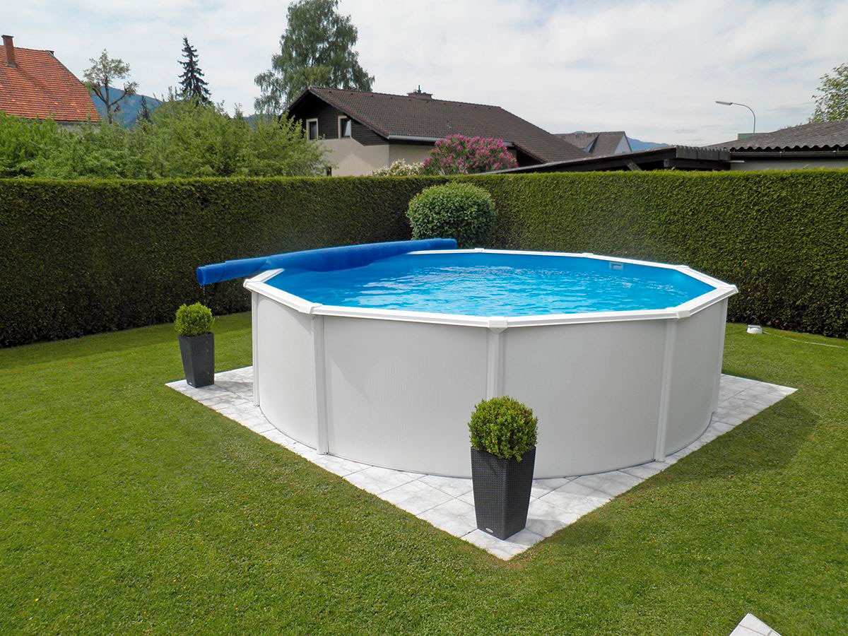 KWAD Rundpool »Steely Deluxe Heat inkl. Solarabdeckplane«, (Set, 7 tlg.), Höhe: 120 cm, mit Sandfilteranlage, Quarzsand und weiterem Zubehör