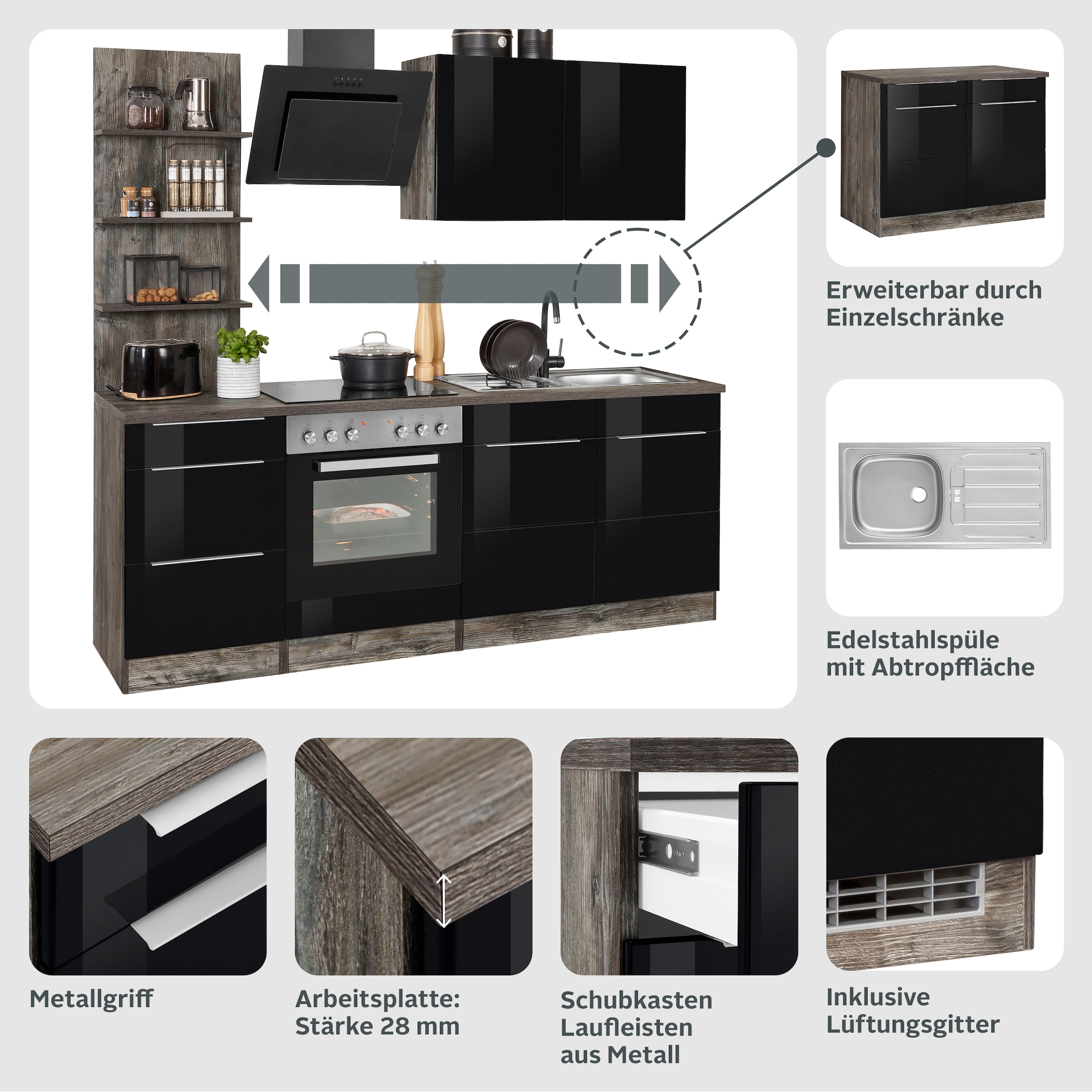 KOCHSTATION Küchenzeile »KS-Brindisi«, Breite 210 cm, wahlweise mit E-Geräten, mit MDF-Fronten und Regal