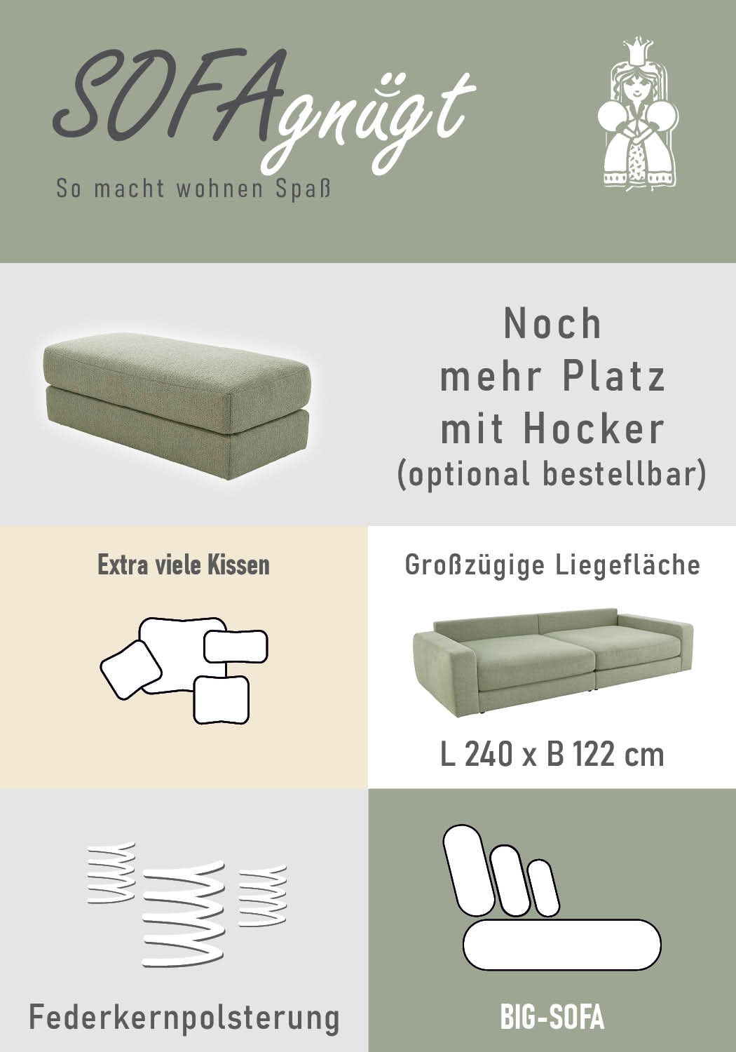 Jockenhöfer Gruppe Big-Sofa »Milano XXL, B: 290 cm« mit Zierkissen, Relaxfläche 120x240 cm, Federkern