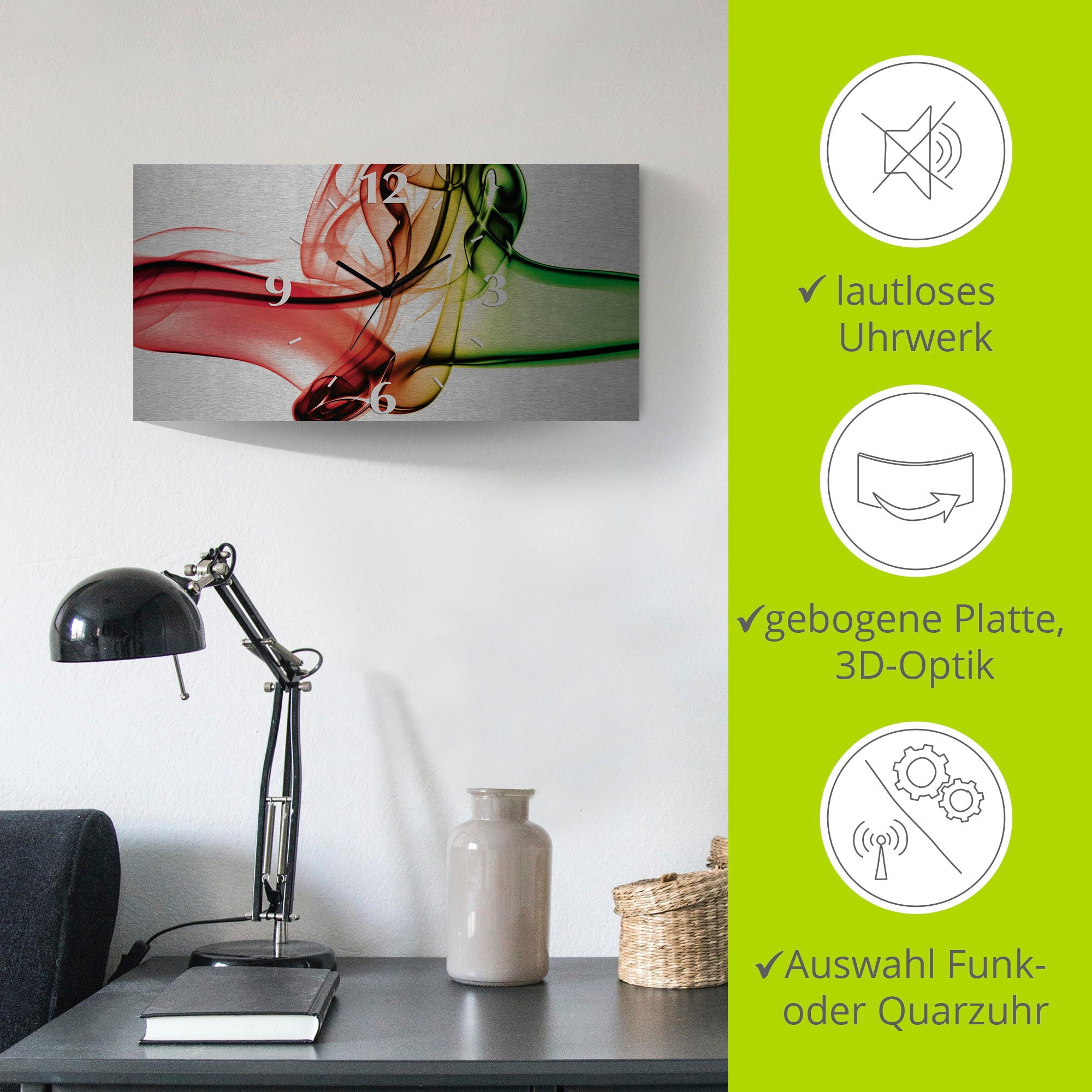 Artland Wanduhr »Aufeinanderprallen von rot und grün«, 3D Optik gebogen, mit Quarz- oder Funkuhrwerk, versch. Größen